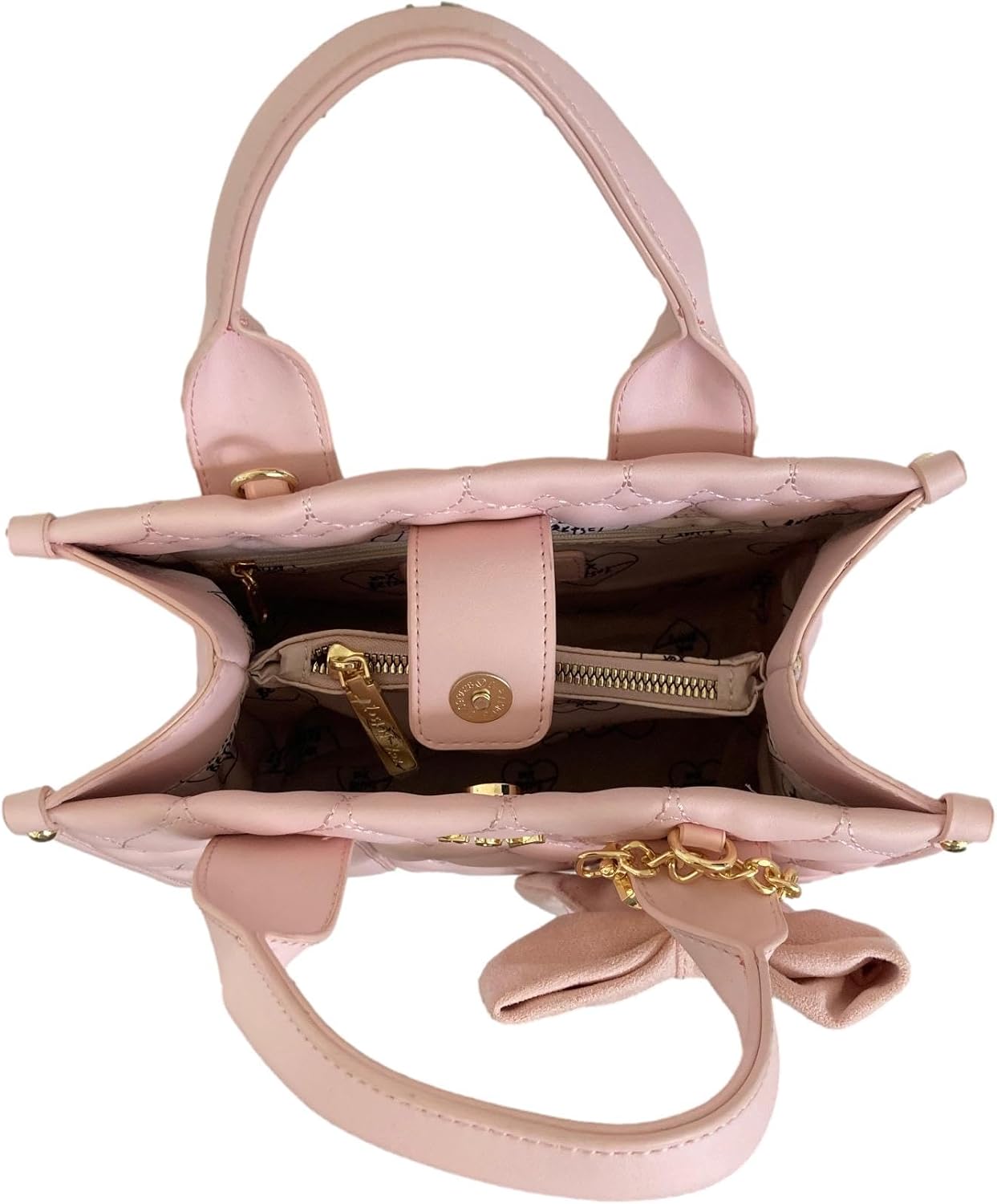 Betsey Johnson XO EVE Allover Quilted Heart Blush Faux Leather Triple Entry SMALL Satchel Crossbody Bag W/Detachable Faux Suede Bow Detail