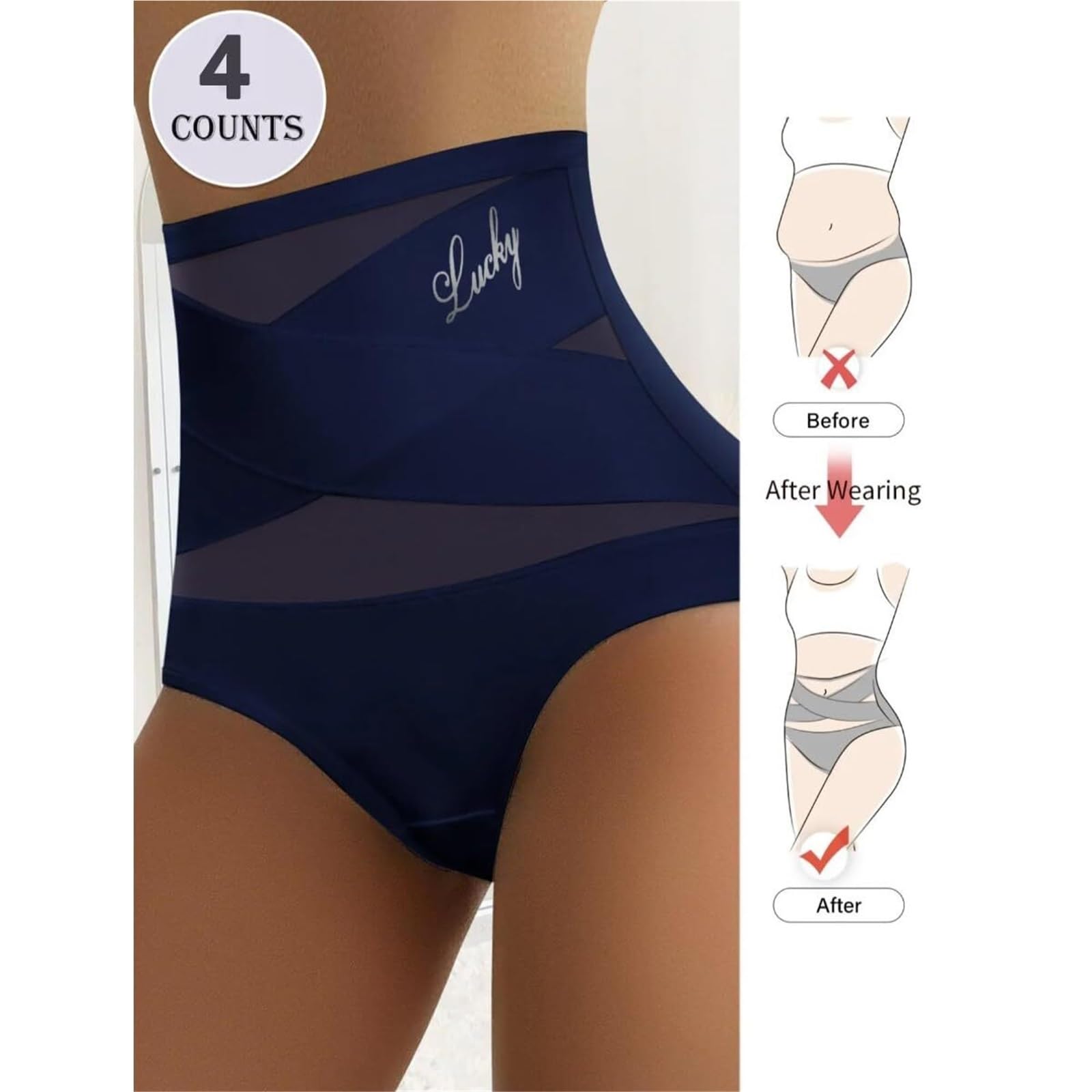 4er-Pack Damen-Slips Mit Hoher Taille Und Bauchkontrolle Atmungsaktive Weiche Unterwäsche Mit Buchstabendruck Und Überkreuzten Netzdetails