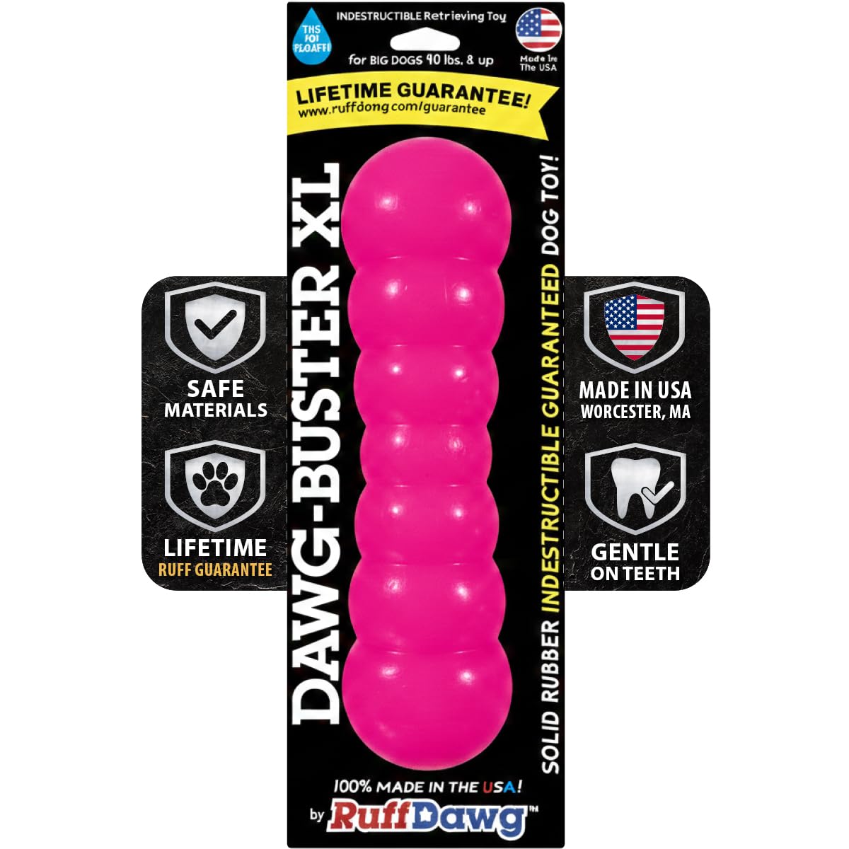 Ruff Dawg Indestructible Dawg-Buster XL Pink – Heavy-Duty Solid Rubber Dog Chew Stick for Dogs Under 40 lbs – Floats & Bounces – Made in USA