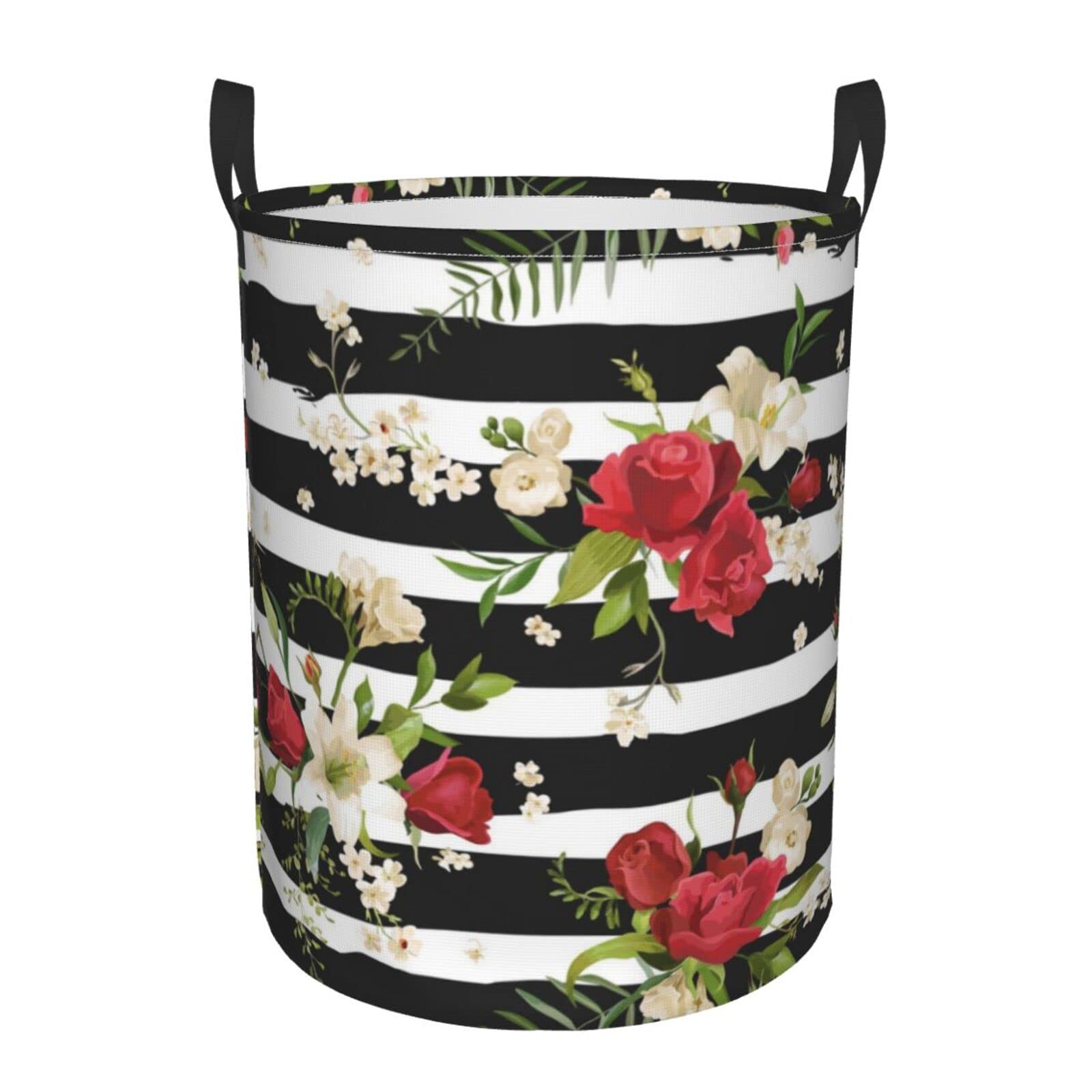 Panier à linge pliable à rayures et roses pour salle de bain