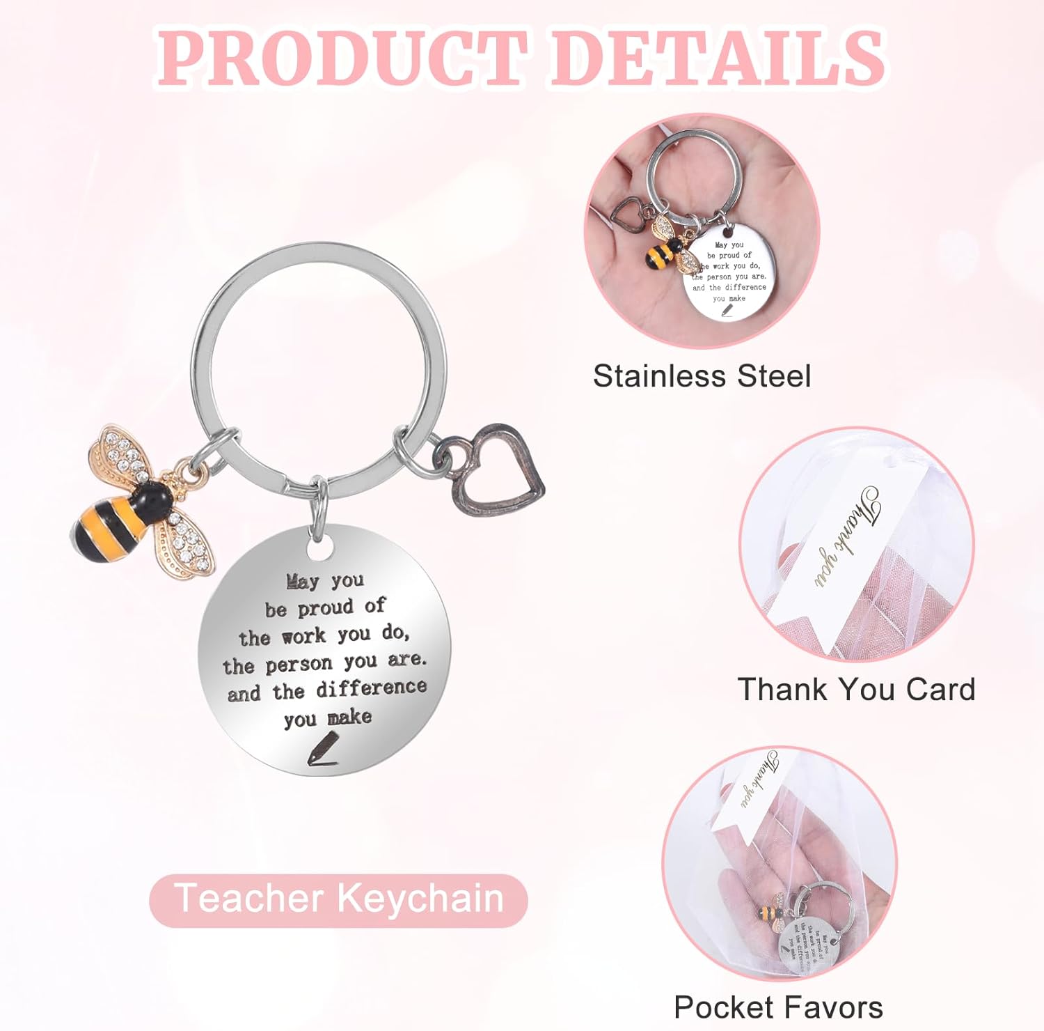 8 Pack Teacher Appreciation Gifts for Teacher Women Keychain Thank You Gifts from Kids Students Graduation Inspirational Key Chains with Bags and Thank You Cards for Birthday Appreciation Valentine - Image 6