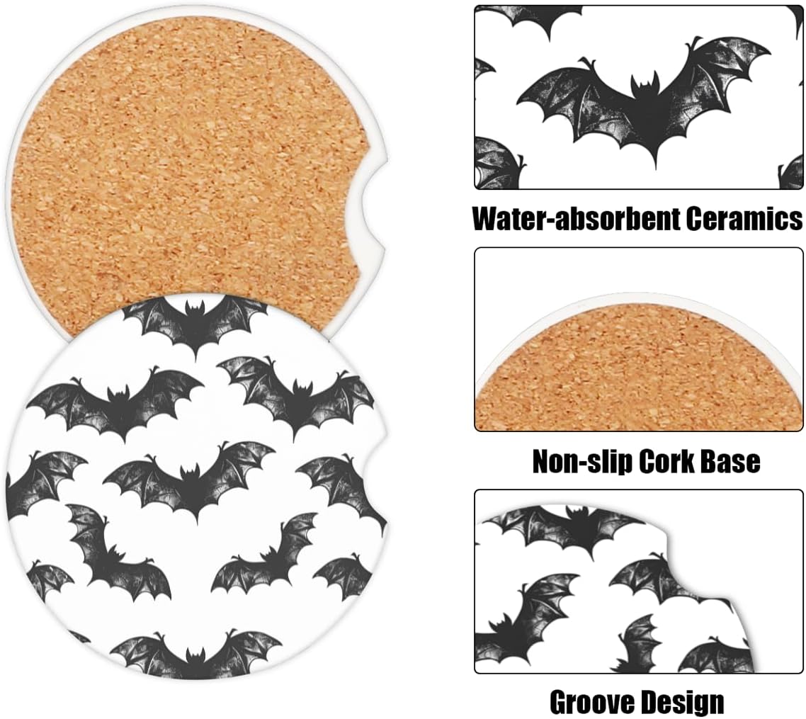 Cup Holder Coaster for Car, 2 Pack Car Coasters for Cup Holders, Cork Base Car Cup Coasters for Drinks, Universal Funny Car Accessories Halloween Decorations Table Coaster Home Decor (Bat White) image 3