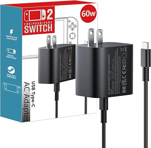Cargador de 60 W para Nintendo - Adaptador de CA Switch 2, carga rápida de 20 V 3 A con cable USB C de 5 pies para Switch, Lite, OLED, Steam Deck -