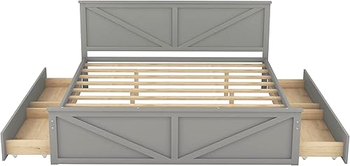Miniatura 8 de Cama moderna de plataforma de madera tamaño King con 4 cajones de almacenamiento marco de cama de plataforma de madera maciza con cabecera y patas