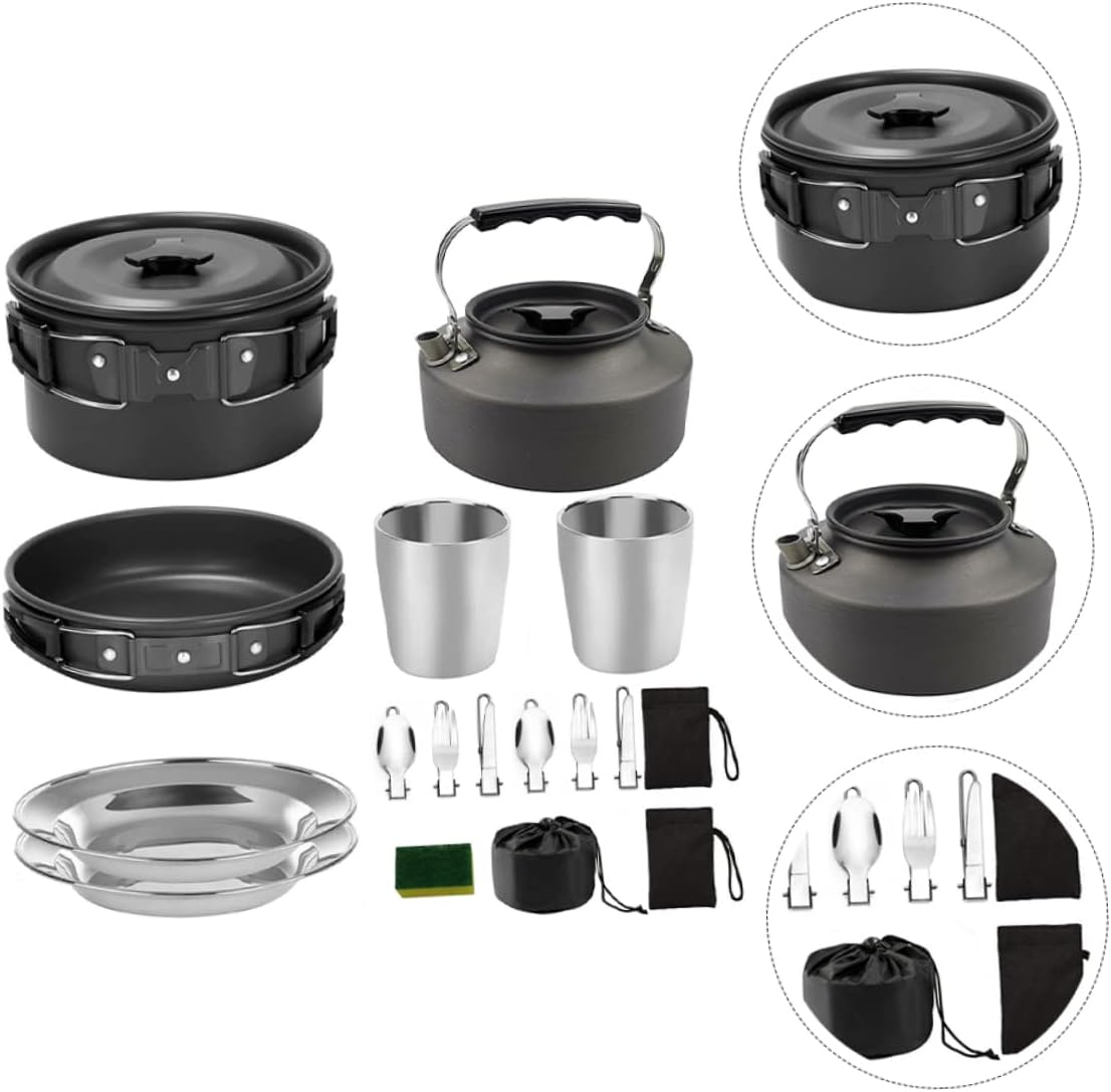 Toyvian 1Set Camping Cookware Non Stick Outdoor Cooking Kit with Pot Frying Pan Teapot Utensils and Bowls Portable Camp Kitchen Accessories for Preparation
