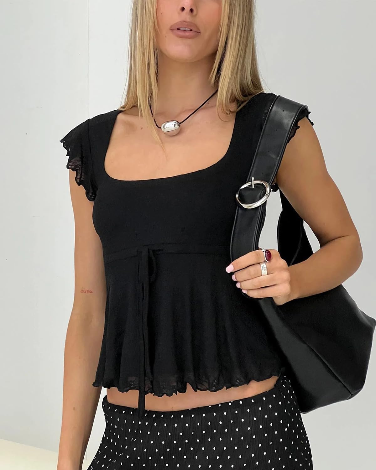 BAIGRAM Women Floral Flowy Babydoll Peplum Tops Y2K Cap Sleeve Ruffle Tank Square Neck Lace Up Layered Crop Shirt Going Out - Image 2