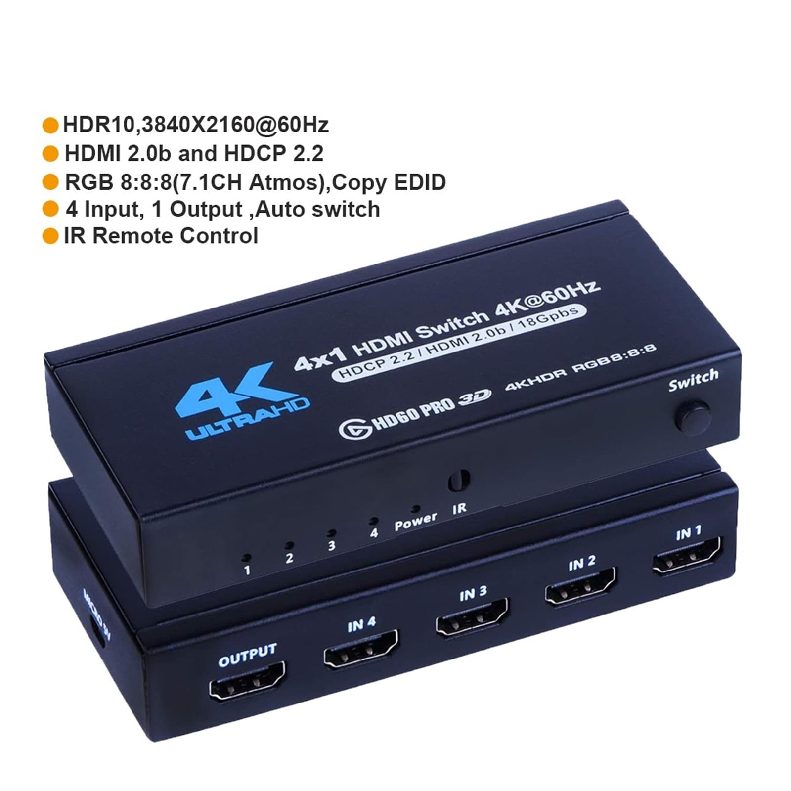 Divisor de HDTV 4K, 4 entradas, 1 Salida, Puertos, conmutador HD, selector, Cable, Compatible con Reproductores 3D Full 1080P, y Consolas Juegos PS4(HS14A1)