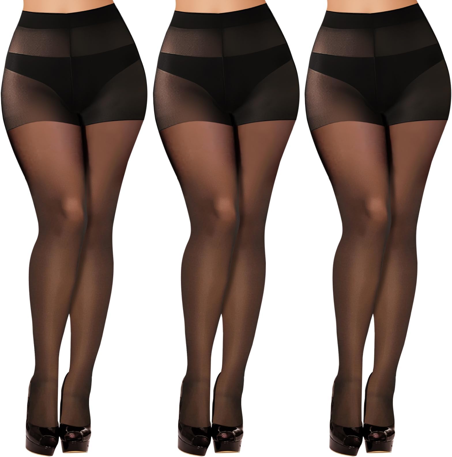 YOGINGO3 Pairs of 20D Black Sheer Tights for Women, High Waisted Tights with Reinforced Support and Toe