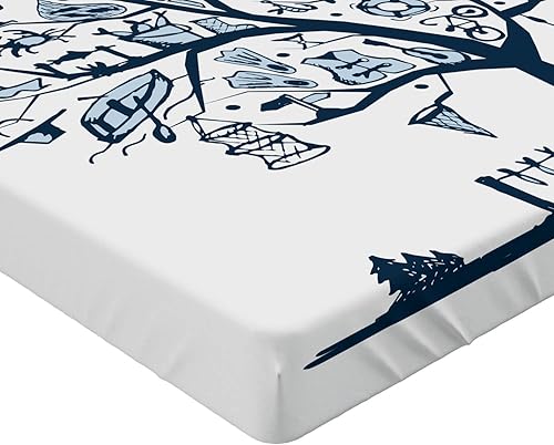 Miniatura 4 de Lunarable Fishing Fitted Sheet, Tree of Life with Marine Hunting Objects Anchor Wind Rose Compass Reel Nature, Bed Cover with All-Round Elastic Deep