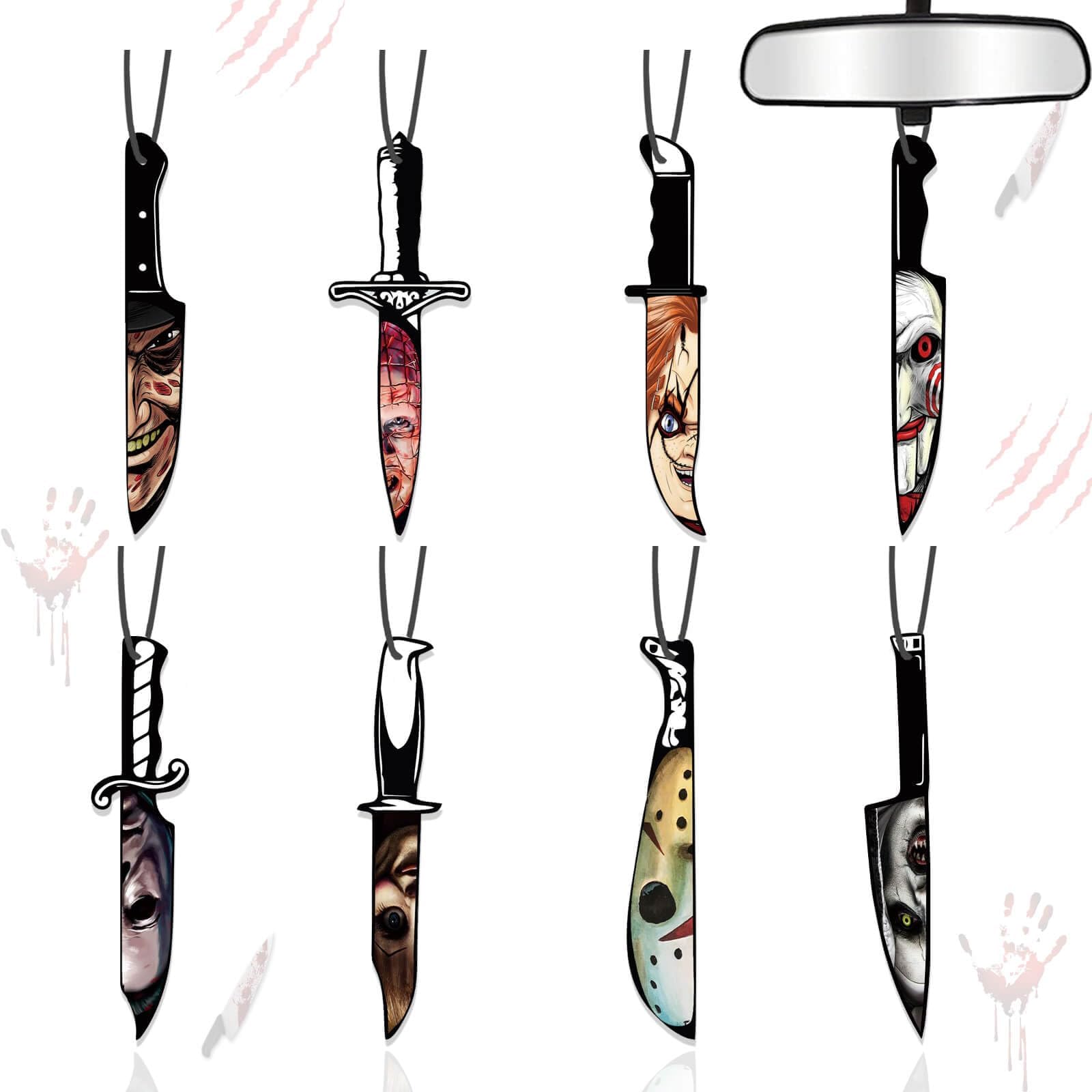 Car Air Fresheners Horror Movie Merchandise Gifts Christmas Tree Decoration 8PCS, Mirror Hanging Knife Ornament Classic Character Indoor Accessory for Men Women Lover Blk Ice Scent