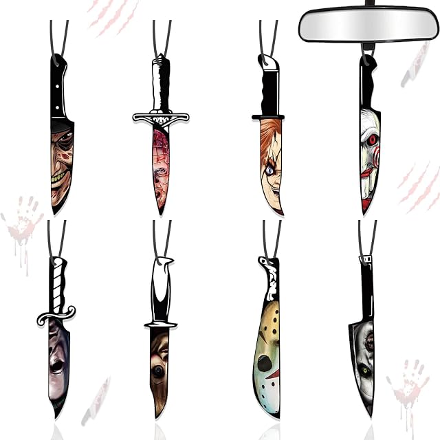 Car Air Fresheners Horror Movie Merchandise Gifts Halloween Tree Decoration Indoor 8 PCS, RearviewMirror Hanging Ornaments Knife Classic Character for Men Women Fan Lover Scary Party