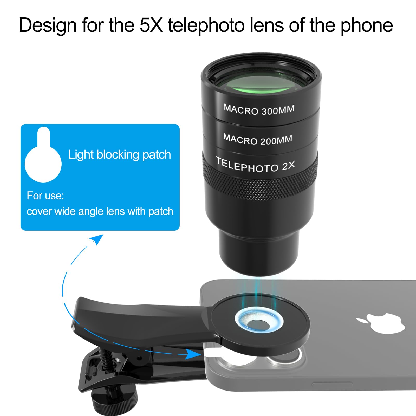 Teleobiettivo 2X per teleobiettivo 5X, con obiettivo macro da 200 mm e 300 mm, clip universale per obiettivo da 17 mm, compatibile con SmallRig e NEEWER Phone Cage (componenti aggiuntivi 200