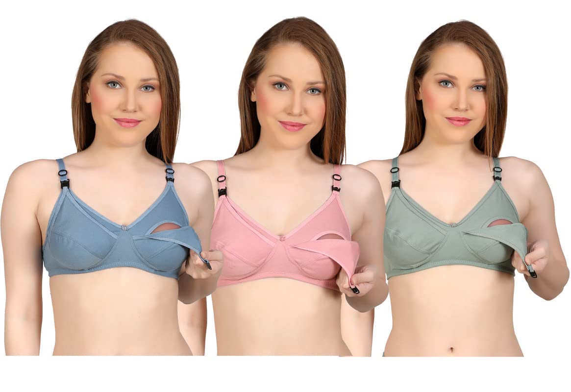 Emavic Women's Cotton Blend Non-Padded Wirefree Maternity/Nursing Bra Combo Pack of 3