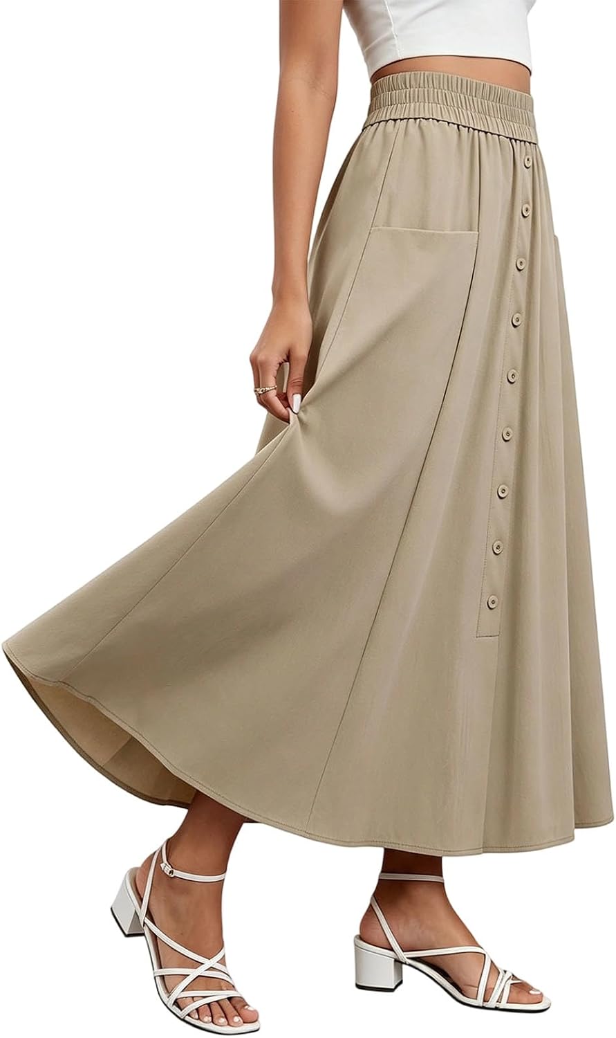 Women's Maxi Skirt Summer Flowy High Waist Pleated Button A-Line Boho Casual Long Skirts Dressy Outfit with Pockets