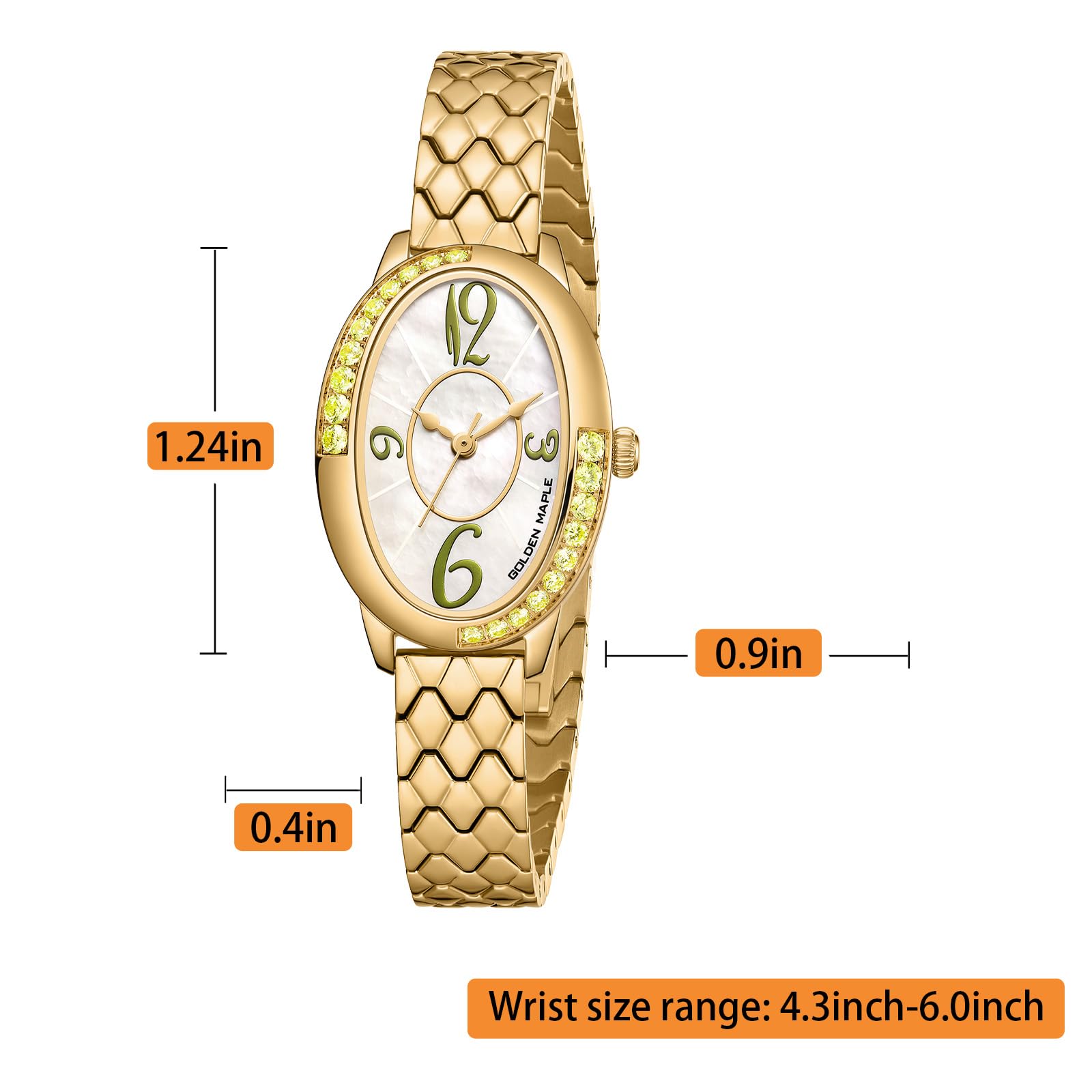 GOLDEN MAPLE Ovale Damenuhr, goldfarben mit Kristallakzenten, strukturiertes Armband, Perlmutt-Zifferblatt, Damenuhren, luxuriöses Geschenk für Sie