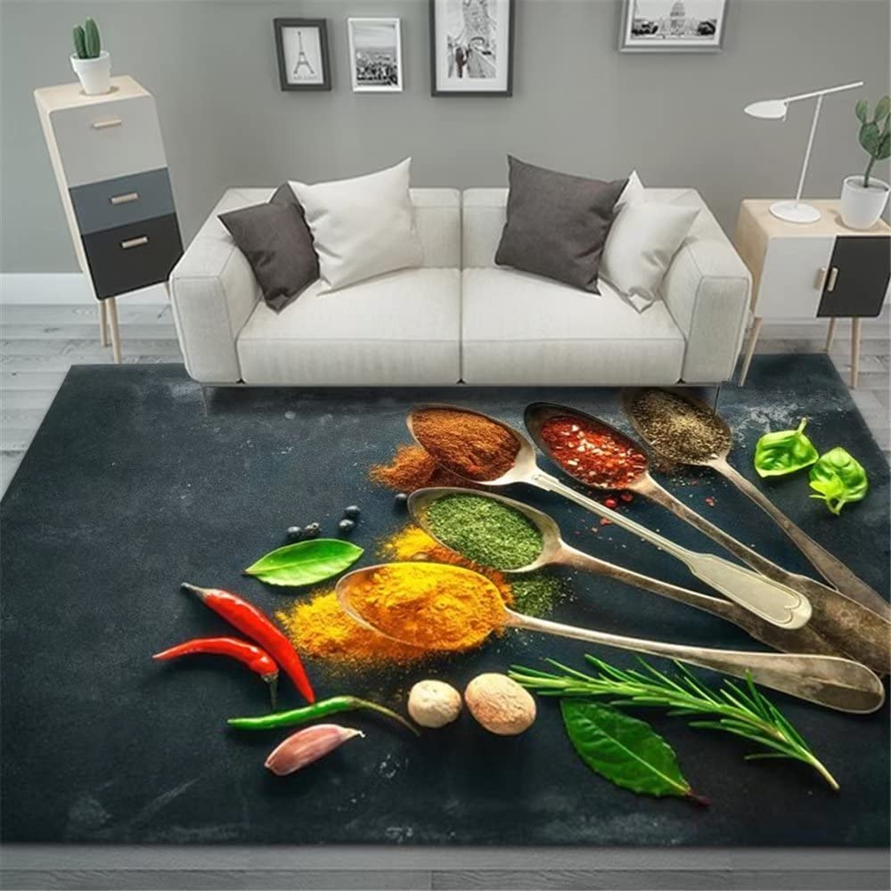 Tapis de salon vert aux motifs de condiments minimalistes, doux et durable
