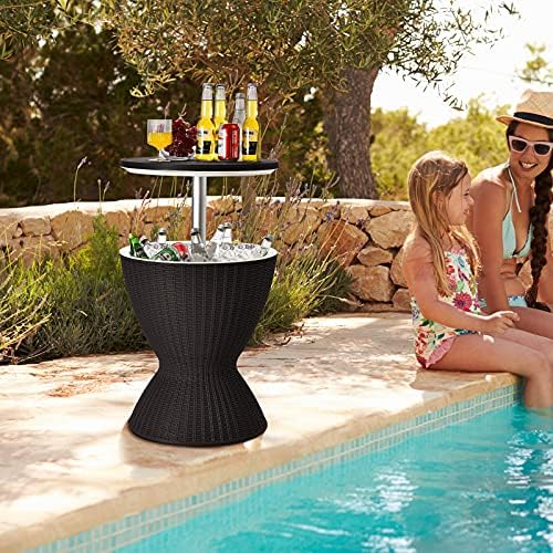 TANGZON Rattan Ice Bucket Table, 30L Height Adjustable Lift-and-Lock Beer Cooler, Outdoor Coffee/Cocktail Tables for Bar, Garden, Patio & Party (Black)