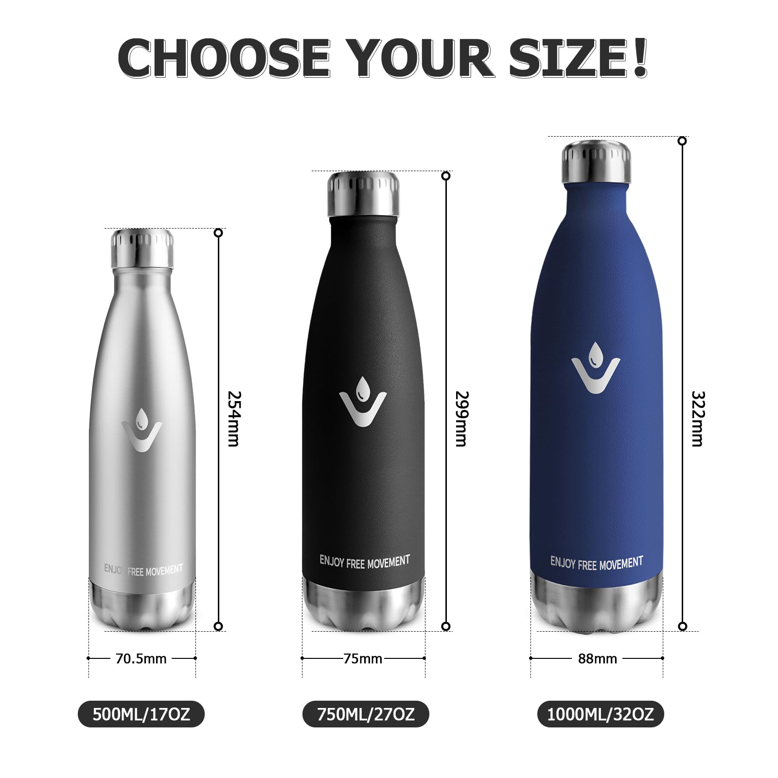 Edelstahl Trinkflasche 750ml, Thermosflasche BPA-Frei, Trinkflasche Kohlensäure Geeignet, Auslaufsicher Doppelwandig Thermoskanne, für Fitness, Laufen, Büro, Erwachsene, Camping, Fitness, Sprudel