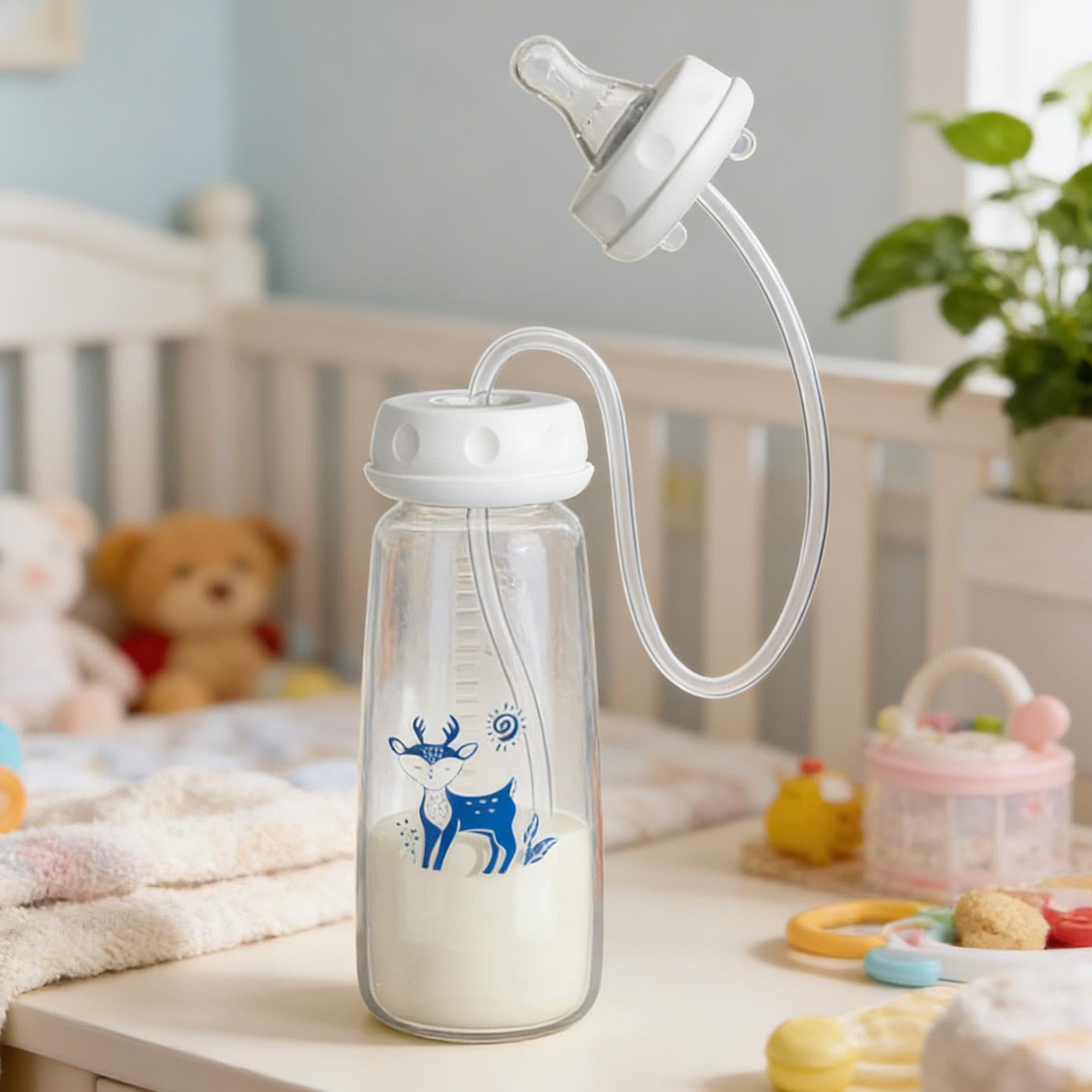 3-in 1 Hands-Free Anti-Colic Bottle | 240ml Silicone Leakproof with Nipple Straw | Adjustable Fast Flow Milk Bottle | Wide Opening Easy Clean Build Anti Spill Design, for Kids 3 Months and Older