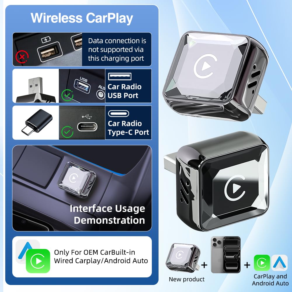 GemCoo Adattatore Carplay Wireless & Android Auto Wireless – 2-in-1, USB-C, BT 5.4, Riconnessione Rapida ~5s, per Auto con Carplay Filiare/AA, per iOS 10+/Android 11+
