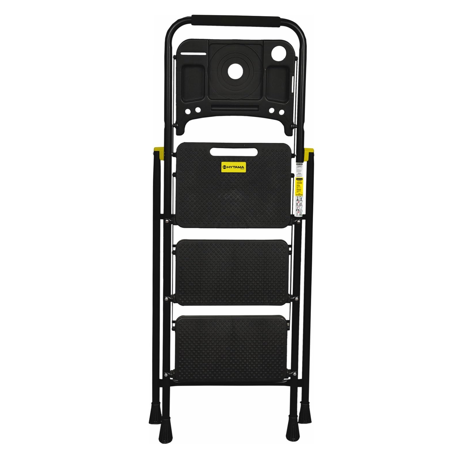HYTAMA Scala Scaletta Pieghevole 3 Gradini Nero PLUS con Portaoggetti con Piedini Antiscivolo, Struttura in Acciaio, Impugnatura in Spugna, Leggera, Multiuso, Certificata EN14183 testata fino a 250Kg