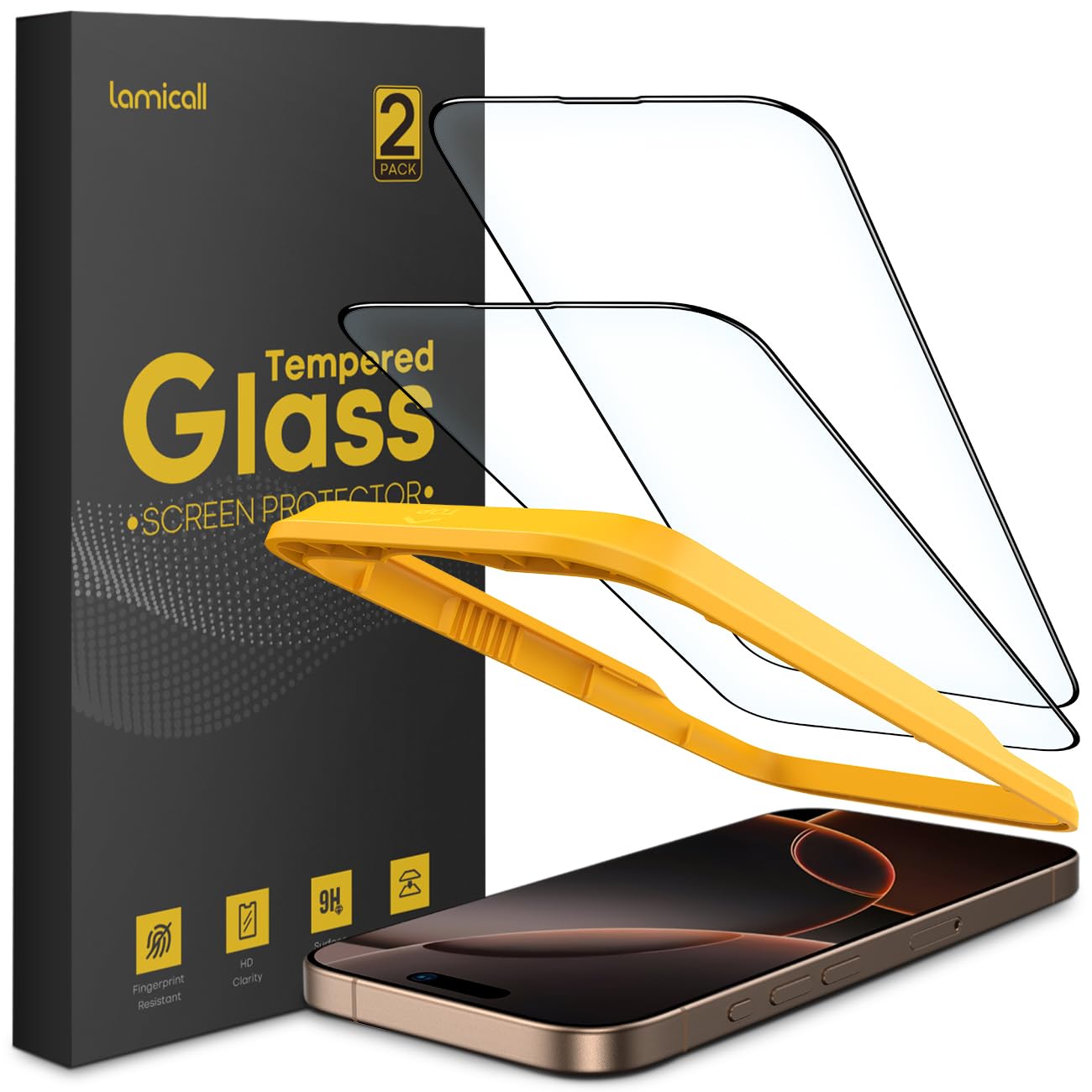 Lamicall for iPhone 16 Pro Max Screen Protector - [0 Bubbles, Easy Alignment Frame] Full Coverage, 9H Unbreakable Tempered Glass, Fingerprint Resistant, HD Clear for iPhone 16 Pro Max - 2 Pack