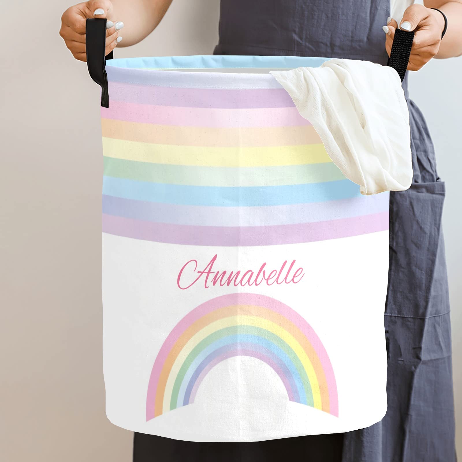 NZOOHY Lovely Rainbow Personalized Waterproof Foldable Laundry Basket Bag with Handle, Custom Collapsible Clothes Hamper Storage Bin for