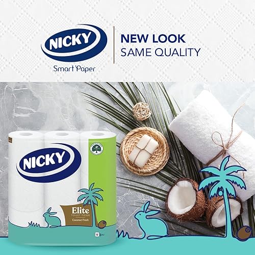 Miniatura 3 de Nicky Elite Coconut Fresh - Papel higiénico con 45 rollos de papel higiénico blanco, 168 hojas por rollo, 3 capas, aroma exótico de coco, suavidad y