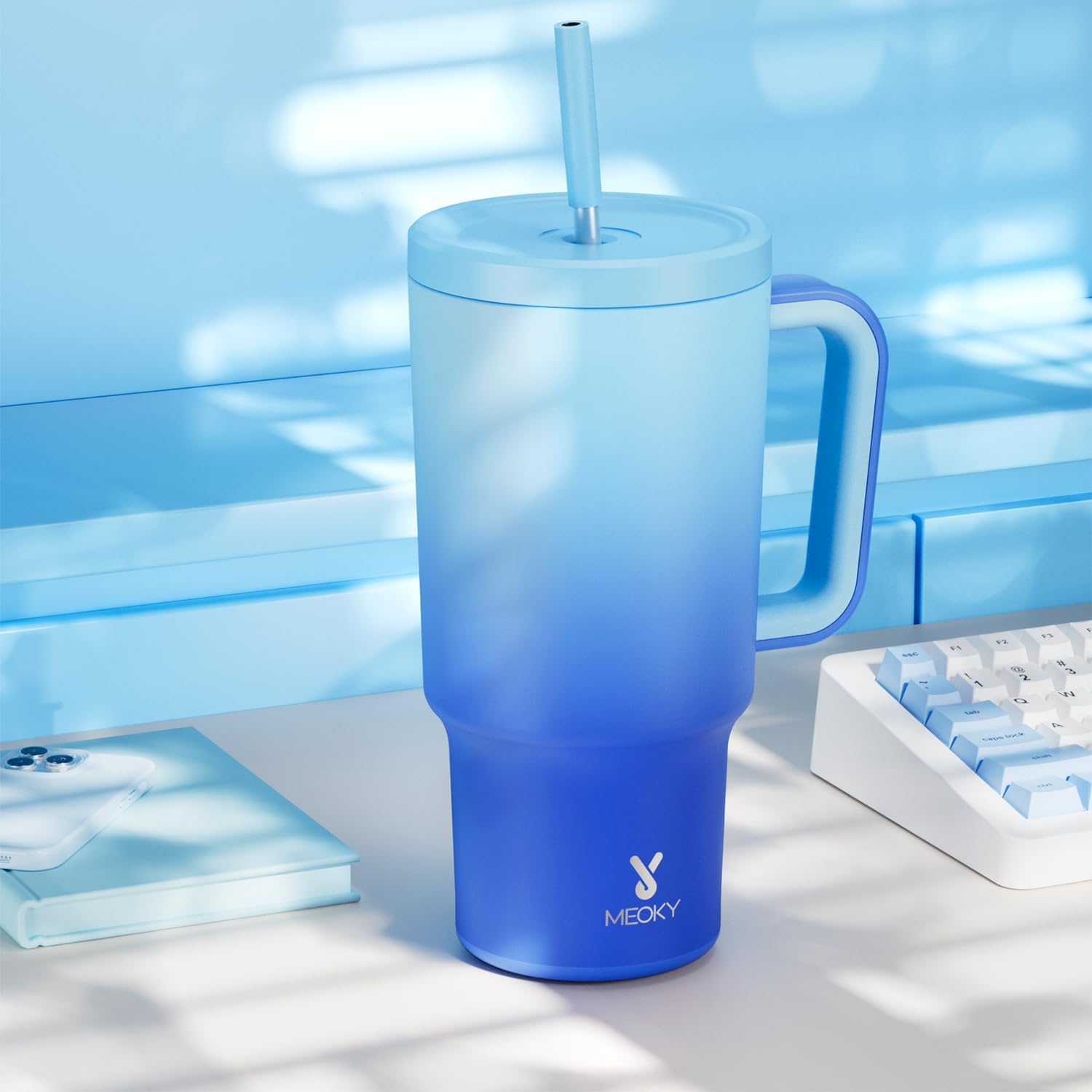 Meoky 30 oz Tumbler with Handle, Tumbler with Lid and Straw, Insulated Stainless Steel Travel Mug, 100% Leak-proof, Cupholder Friendly, Keeps Cold for 24 Hours or Hot for 8 Hours (Sky) - Image 8