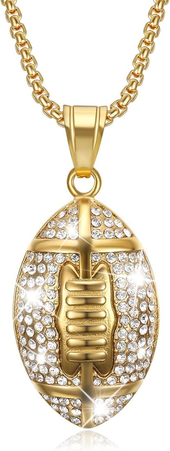 Football Necklace for Men Women Gold American Football Pendant Necklace Sparkly Full Rhinestone Rugby Neck-lace Punk Rock Clubs Sports Neck Jewelry Accessories Gifts