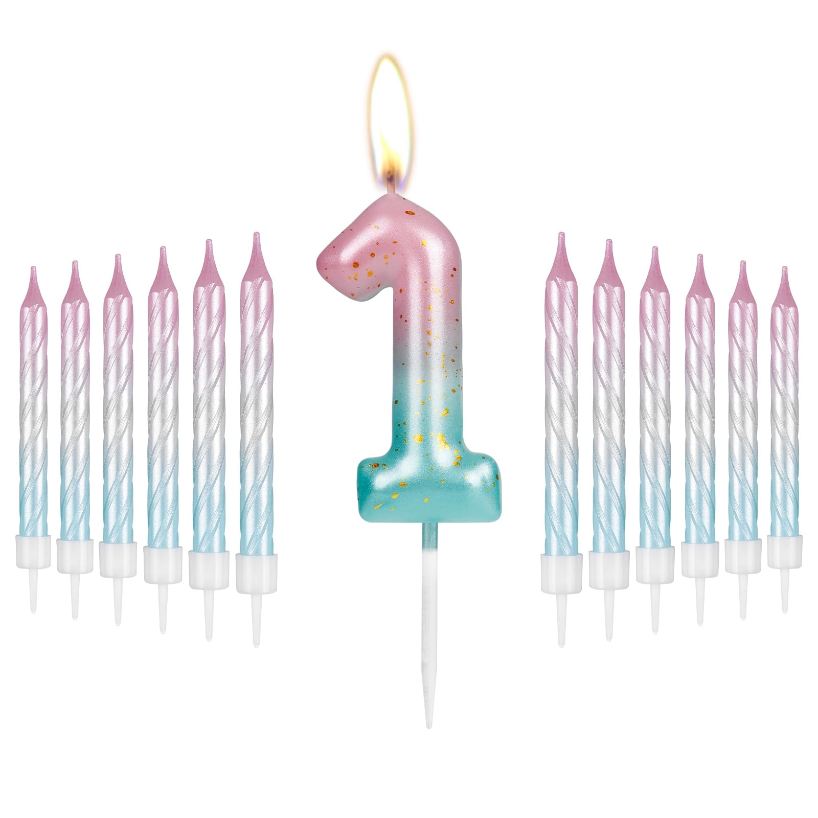 I-QiQi Candele Per 1° Compleanno - Numero 1 Rosa/blu + 12 Candeline A Spirale Sfumate Con Glitter Oro - Per Torta - 2