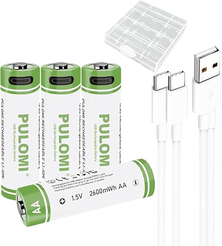 PULOMI Batería AA recargable de iones de litio USB, batería AA recargable de alta capacidad de 1.5 V 2600 mWh, carga rápida de 1.5 H, 1200 ciclos