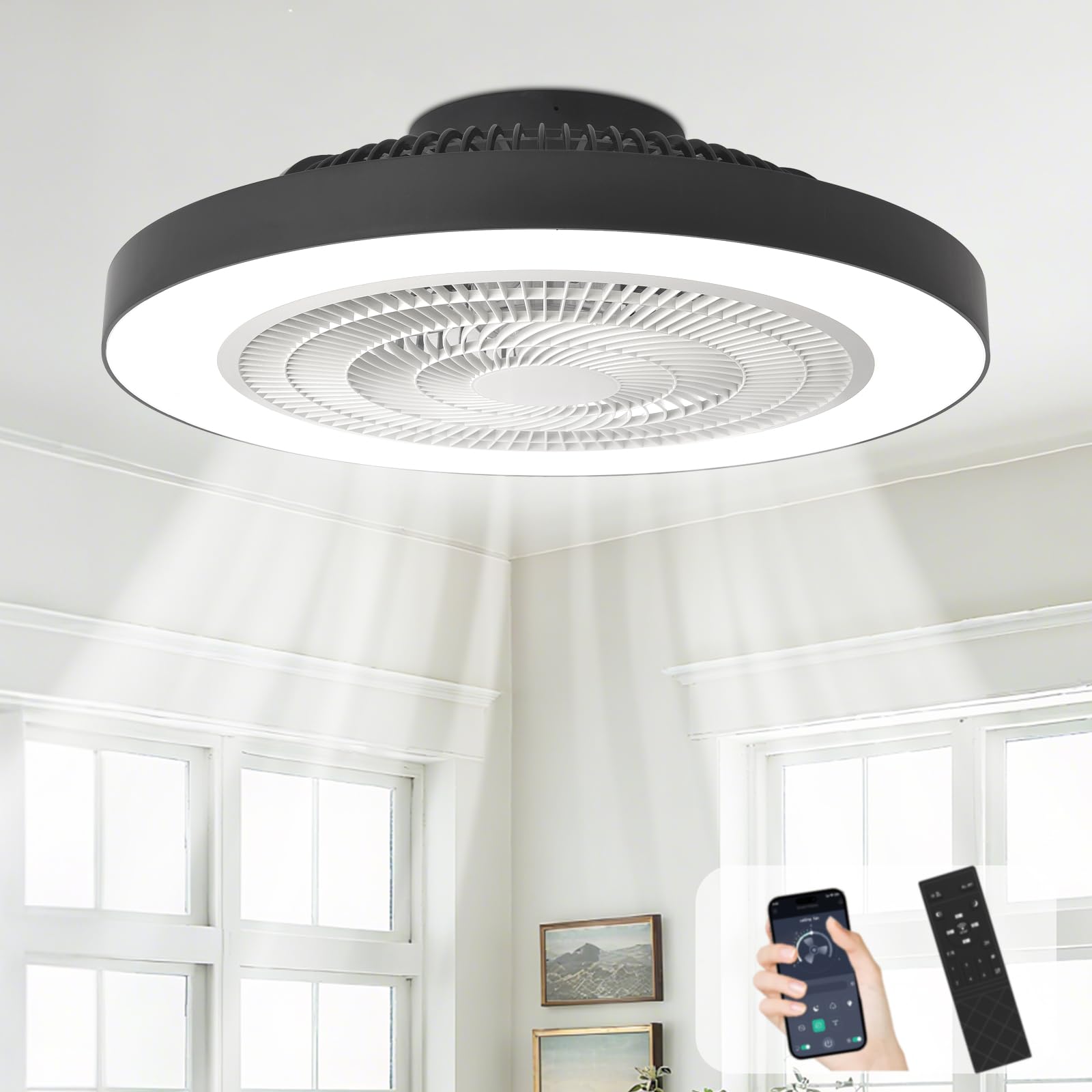 Depuley Flush Mount Ceiling Fan: 20 Inch Bedroom Modern Low Profile Led Ceiling Fans with Light - Smart APP and Remote Control Black Bladeless Fandelier Dimmable Quiet DC Motor for Kitchen Lighting