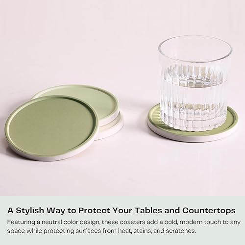 Miniatura 2 de Juego de 6 posavasos beige y verde con soporte, posavasos de cerámica absorbente con respaldo de corcho para protección de mesa, decoración de mesa,