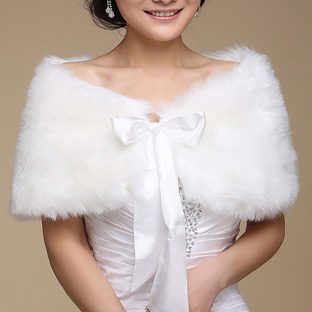 GUMEI Pashmina Chal Mujer Invierno Talla única Cálida Capa de Piel sintética Capa Abrigo de Boda Chal Nupcial Chaqueta Abrigo Cinta de satén Bowknot Encaje Encogimiento de Hombros Color sólido