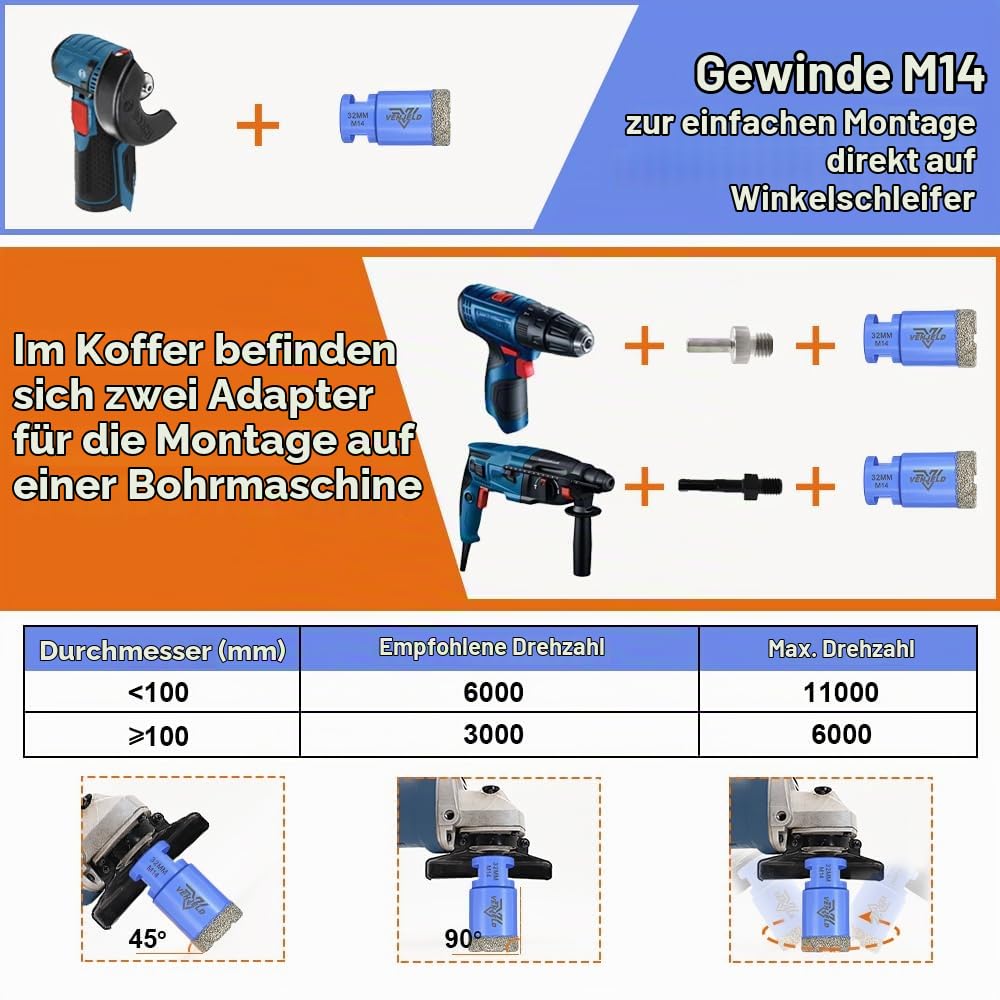 Diamant Fliesenbohrer Set 12tlg. - 6/6/8/20/35/50/68/110mm Diamantbohrer Lochsäge, 20mm Fingerfräser, 50mm Fasenbohrer, SDS/Sechskantschaft-Adapter für Porzellan Fliesen Keramik Granit Marmor Dekton
