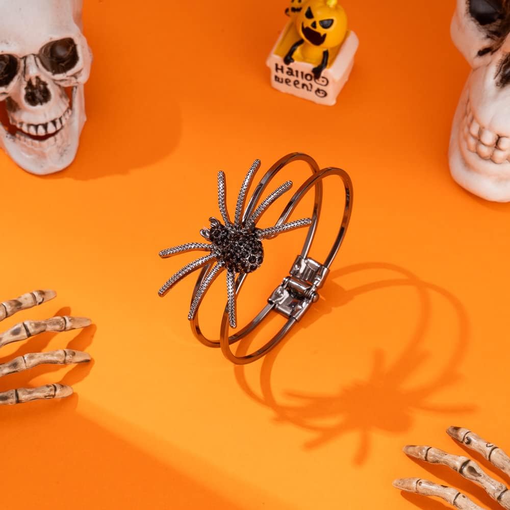 Madison Tyler Spider Hinge Bangle Bracelets | Halloween Gothic Hemetite Bracelet with Black Crystal for Women | Halloween Holiday Party Gifts - Image 5