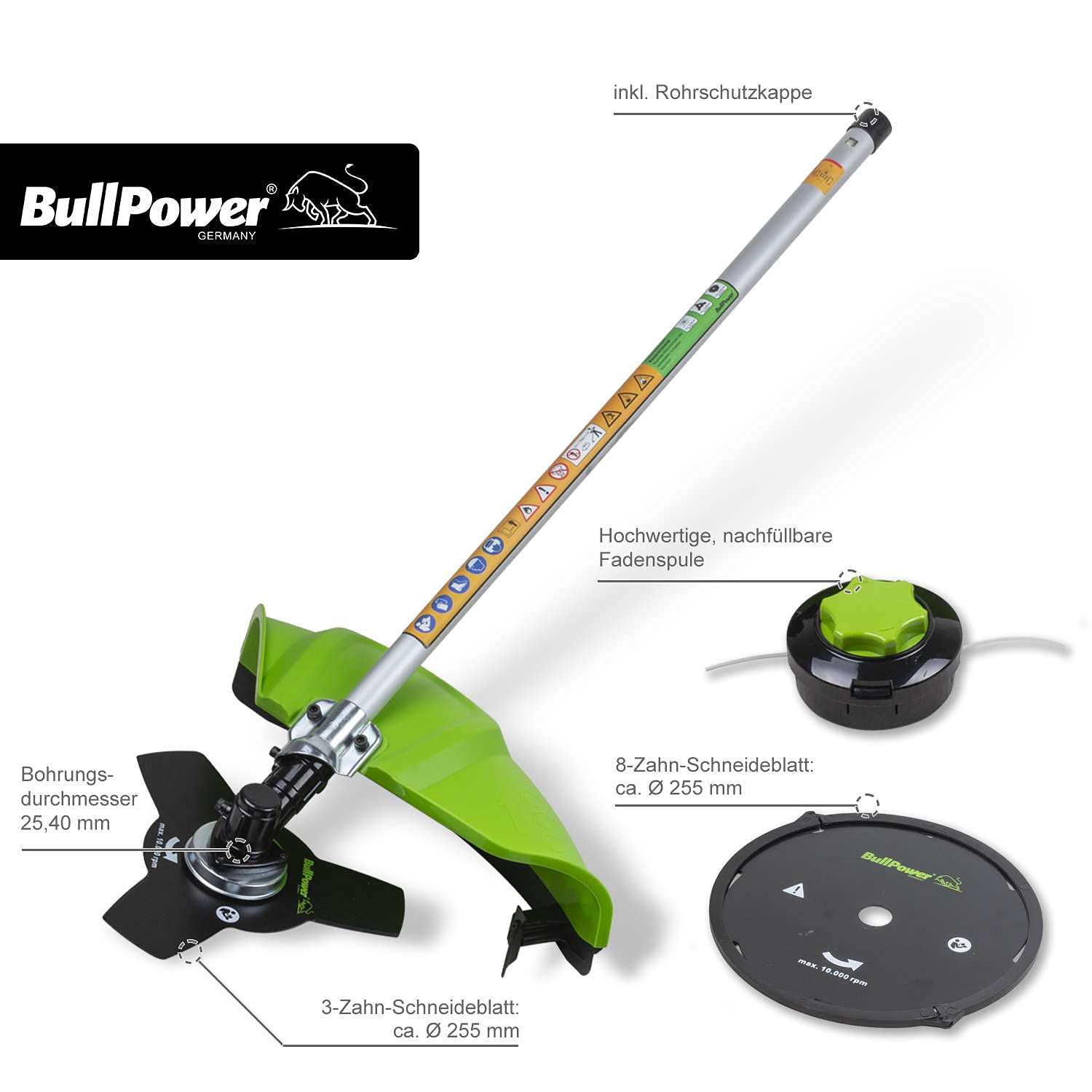 BullPower MF-5206 Multitool 5in1 Heckenschere Motorsäge Motorsense Benzin Rasentrimmer Freischneider Astsäge Hochentaster inkl. 90cm Verlängerung