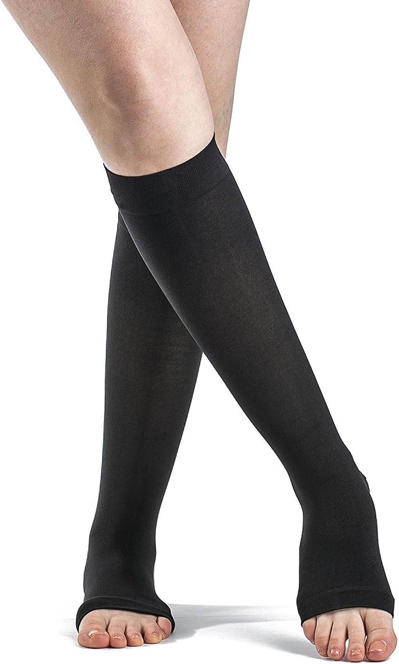 (ML, Black) - SIGVARIS SOFT OPAQUE 840 Open Toe Calf Compression Socks 15-20mmHg