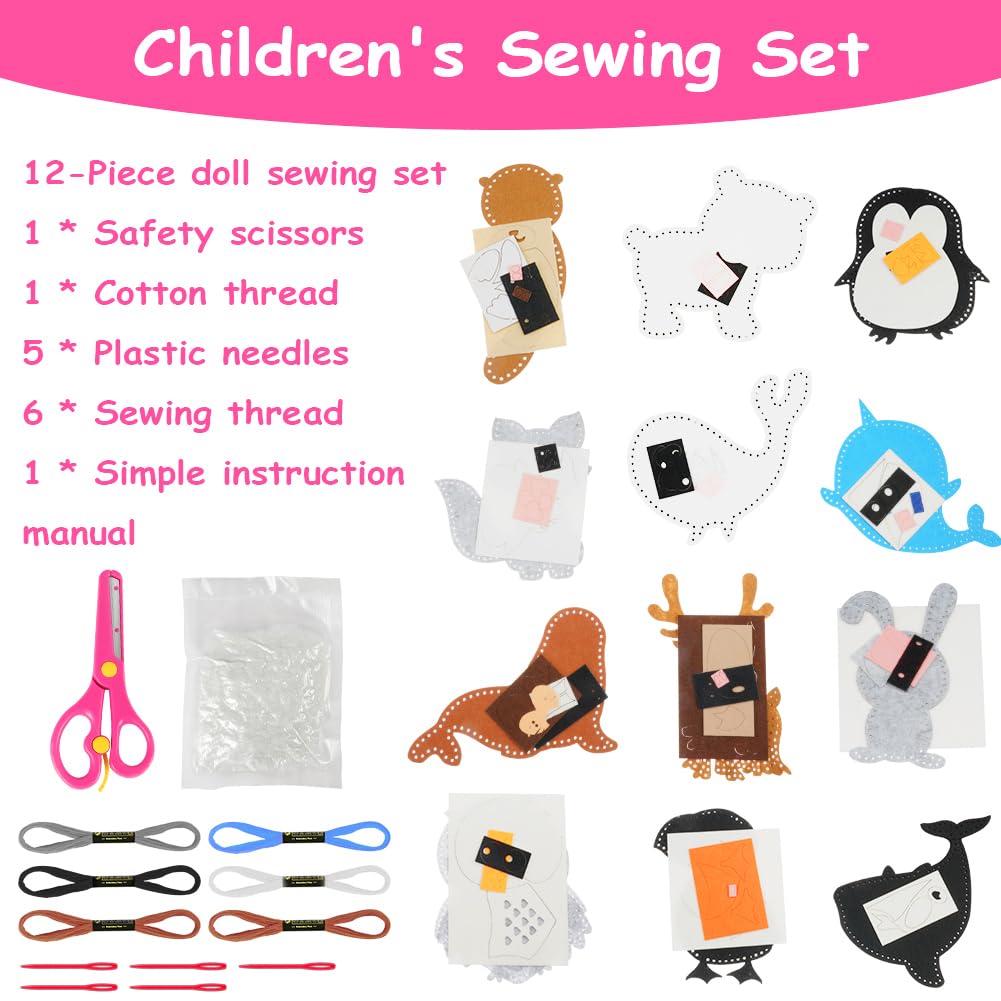 Vicloon Sewing Kit for Kids, 12-Piece Cute Animal Sewing Craft Kits, Fun Stuffed Animal DIY Kits for Kid Learn to Sew Arts and Crafts Kit, Introduction to Sewing Set for Kids Age 5-12 — view 2