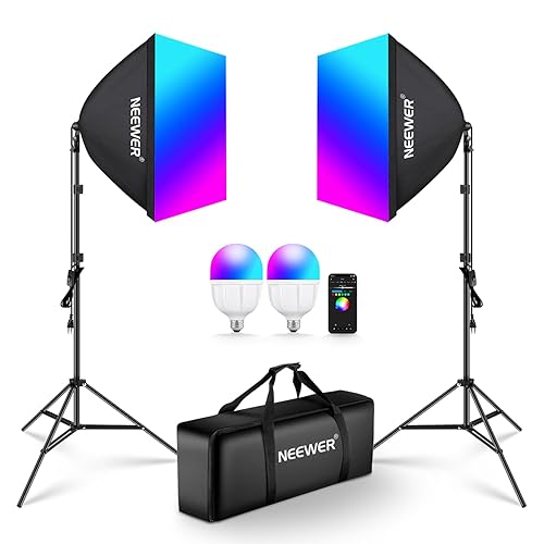 NEEWER RGB Softbox Beleuchtungsset mit App Steuerung und 9 Effektmodi, 2er Pack 24W CE/UKCA zertifizierte LED Lampen CRI93+ TLCI98+,E27 Porzellanfassungen,24" Softboxen,fรผr Studiofotografie, NK800 - 2 Packungen
