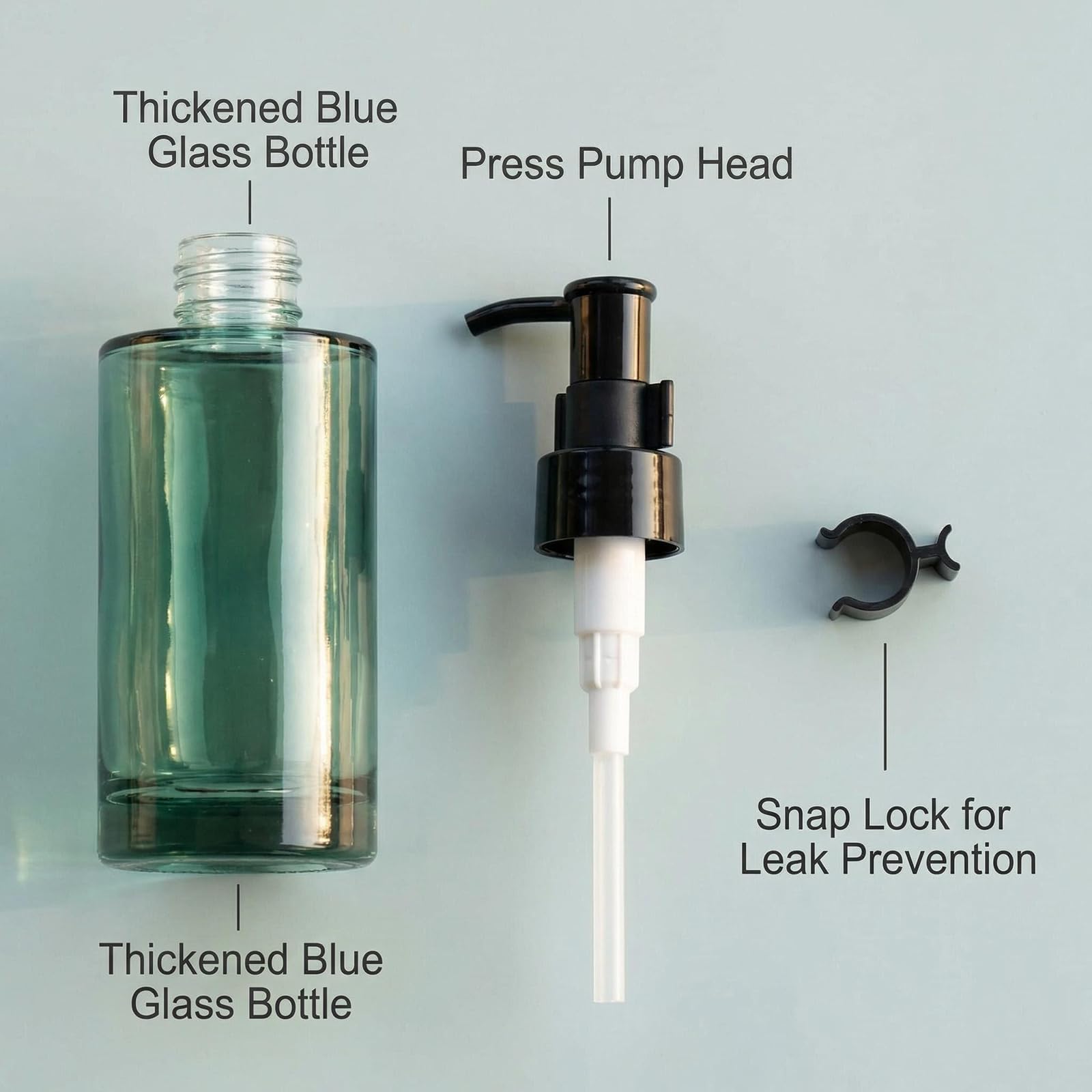 Flacone vuoto in vetro da 100 ml, ricaricabile, con pompa nera, dispenser per cosmetici, creme, lozioni, per oli essenziali, emulsioni, essenze, bottiglie da viaggio (blu)