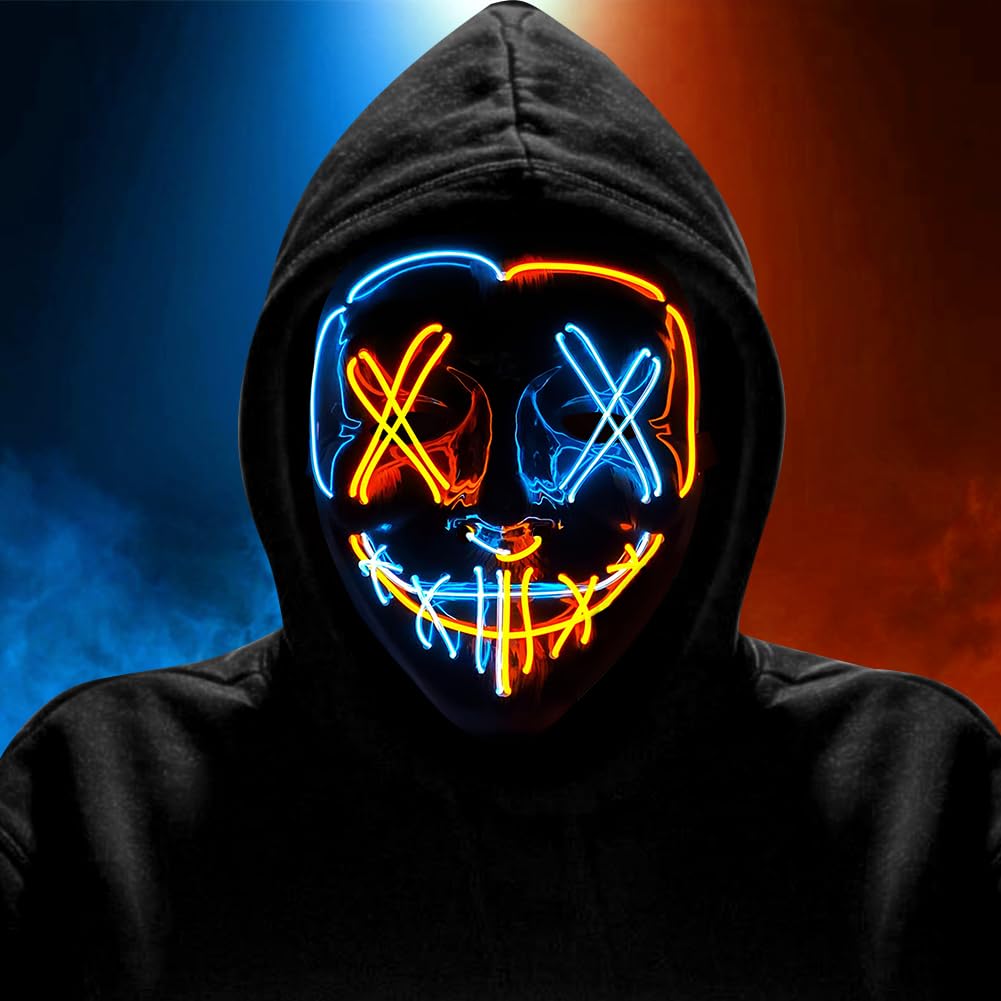HATFRYF Halloween Masks LED Mask in Multiple Light Modes, Light up Scary Mask, Glowing Horror Smile Masks, Costumes for Men Adults, Anonymous Neon Halloween Gifts - ice blue orange
