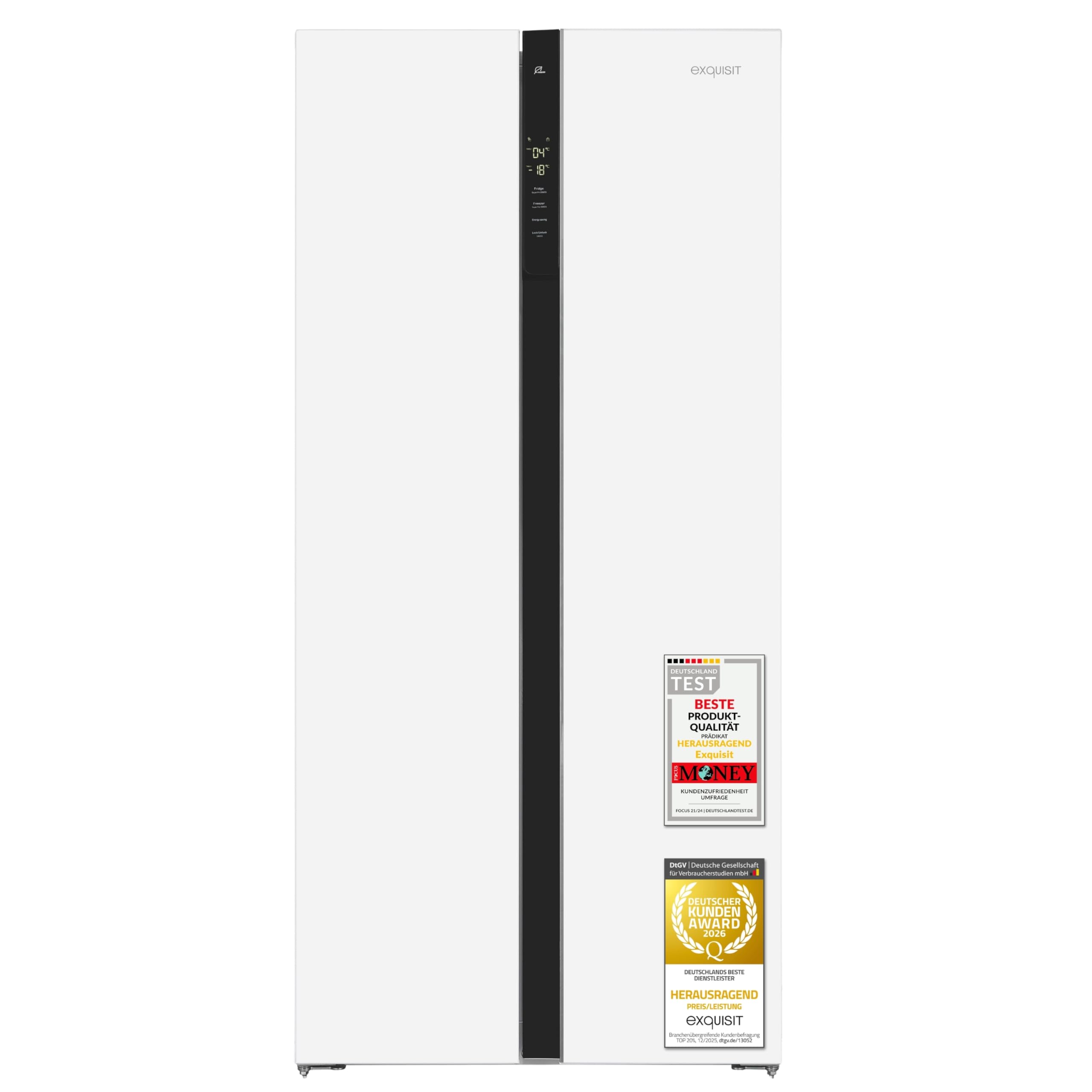 Exquisit Side-by-Side Kühlschrank SBS39-440E - No Frost Kühl-Gefrierkombi | 372 Liter Nutzinhalt, Energieklasse E, 41 dB leise, digitale Steuerung, LED-Licht & Türalarm, weiss