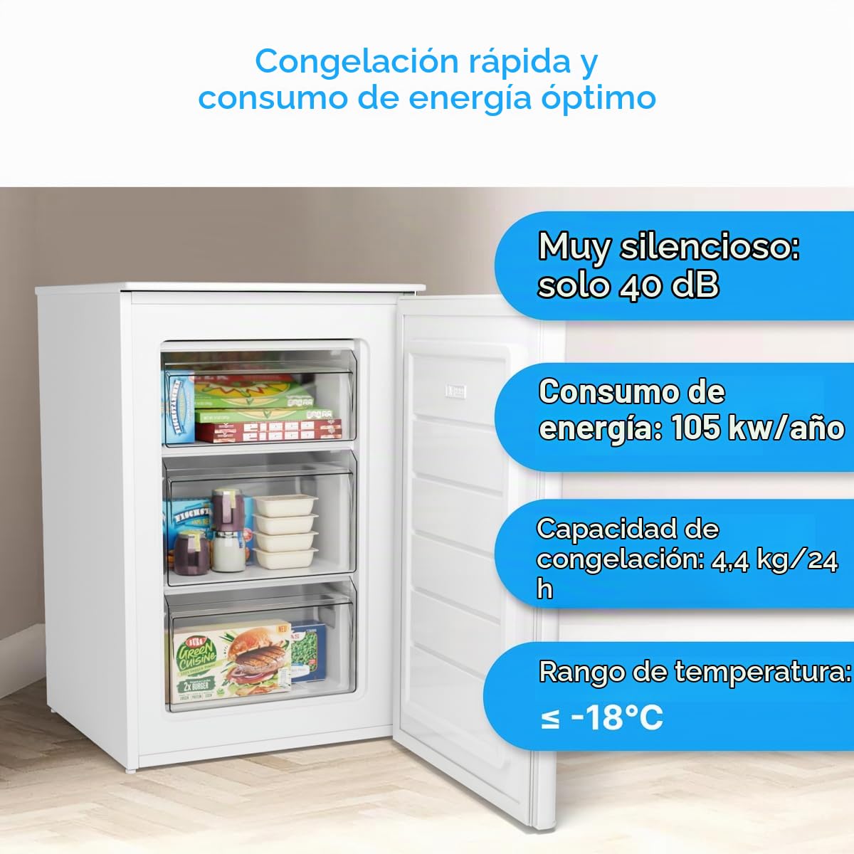 Congelador Bomann® - 87 L - Eficiente energéticamente, silencioso y compacto - ≤ -18 °C, temperatura regulable - 3 cajones y bandeja para cubitos de hielo - Compartimento congelador de 4 estrellas