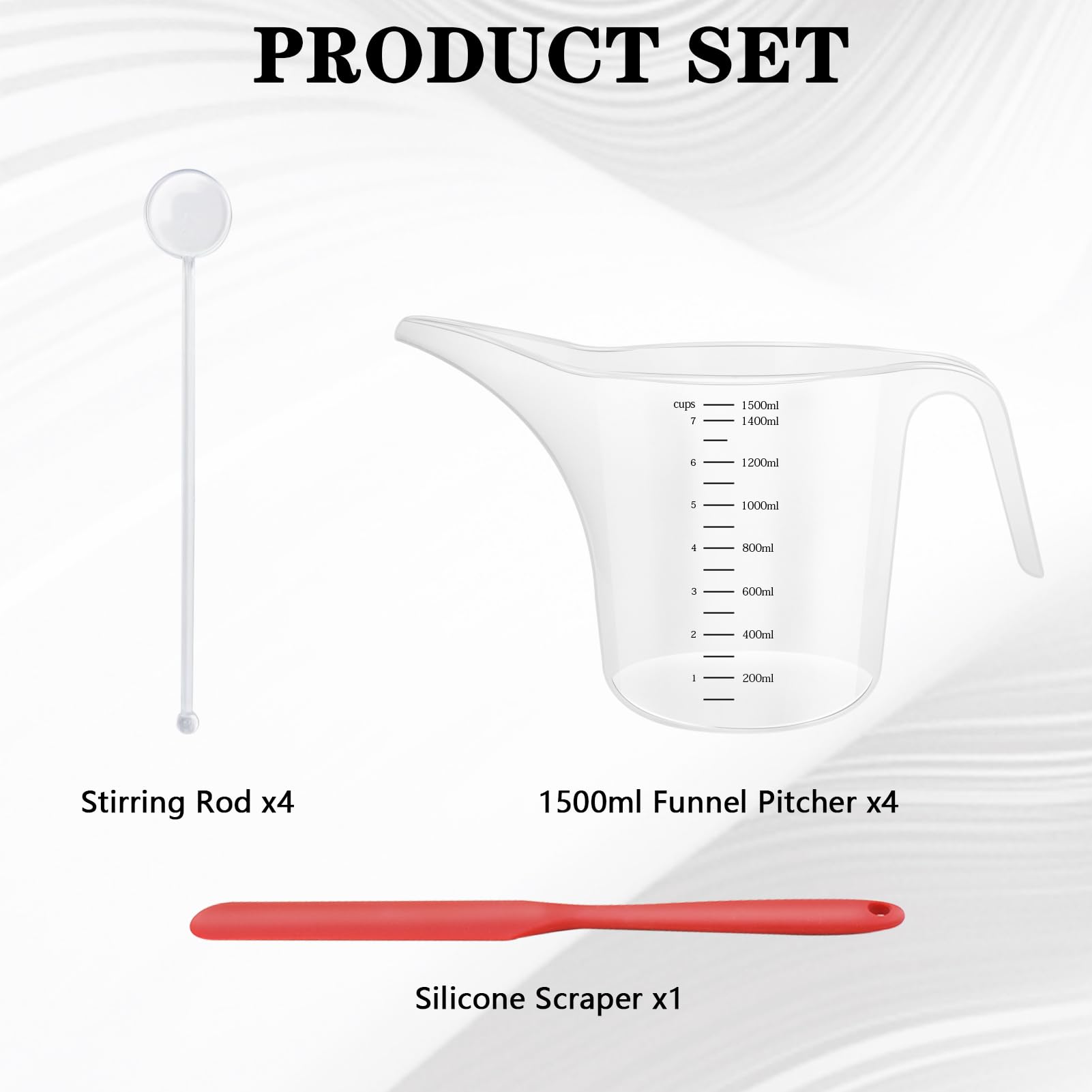 Paquete de 4 jarras de embudo de boquilla larga de 1500 ml con varillas de agitación, tazas medidoras para resina, pintura, epoxi, manualidades, fabricación de jabón, duradera y fácil de verter, ideal