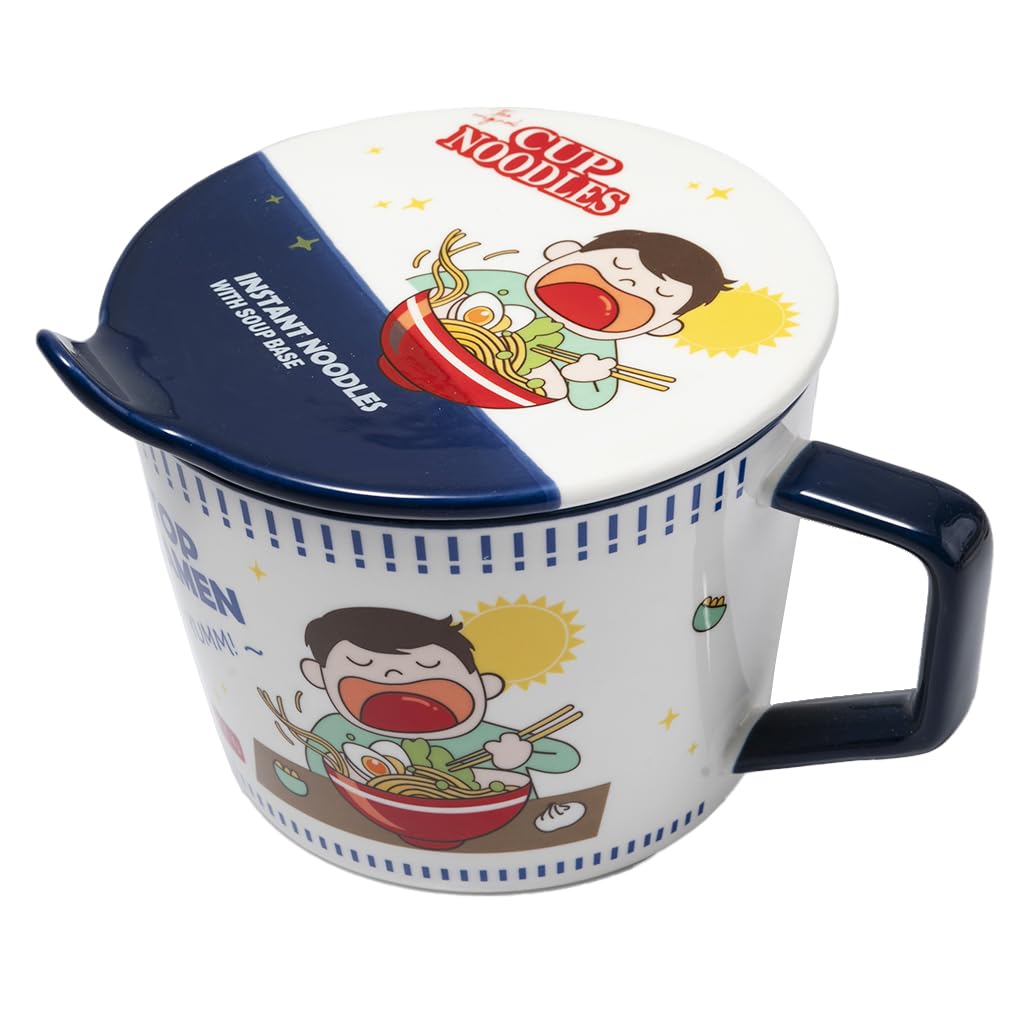 lachineuse - Instant-Nudelschüssel - Japanische Ramen- und chinesische Nudelschüssel - Mit Besteck und Deckel - Frühstücksschüssel, Suppe, Reis - Japan-China-Geschenkidee - Cup-Nudeln - Blau