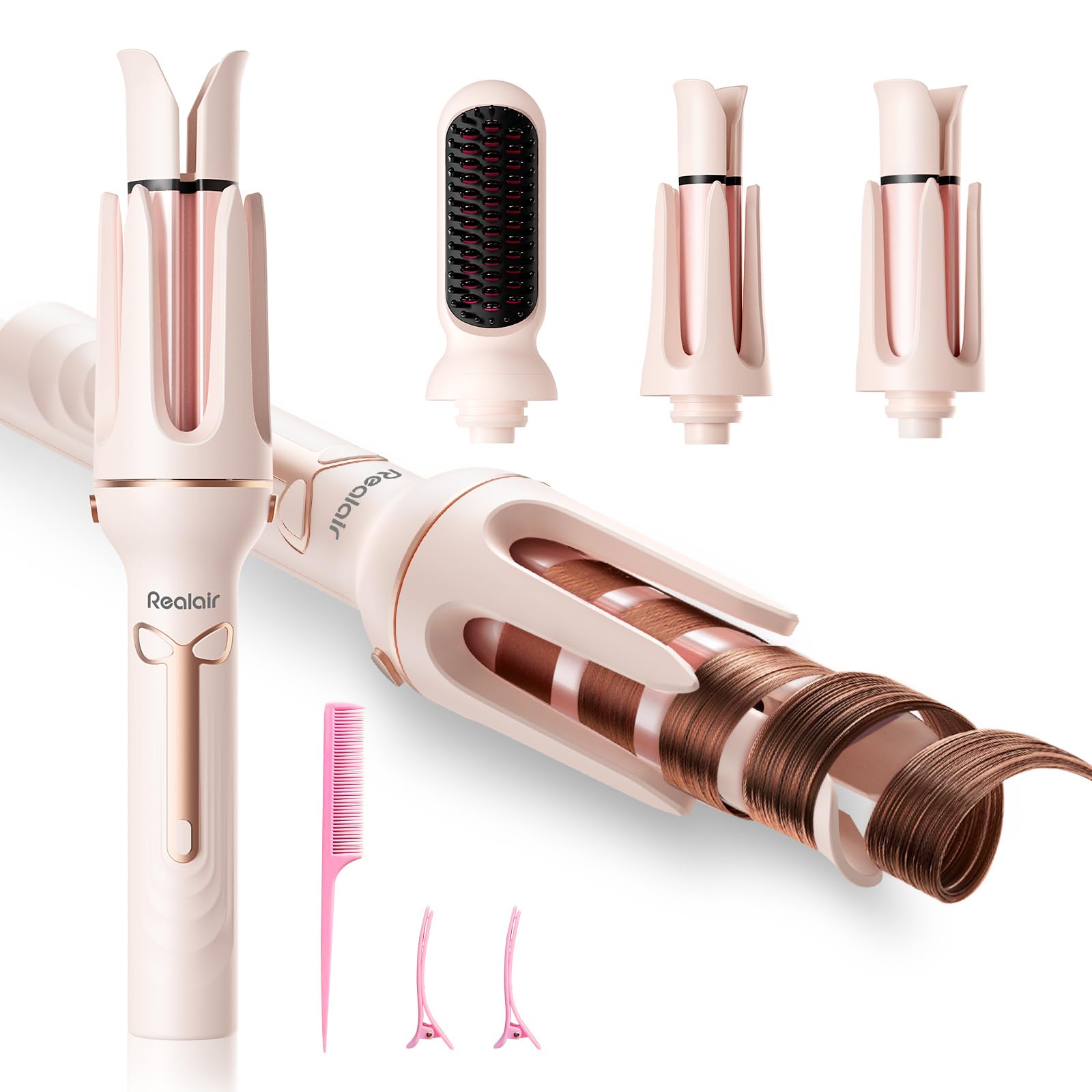 Automatic Curling Iron Beach Wave Curling Wand Ceramic Coated Straightening Brush 1inch and 1 25 inch Portable 3-in-1Hair