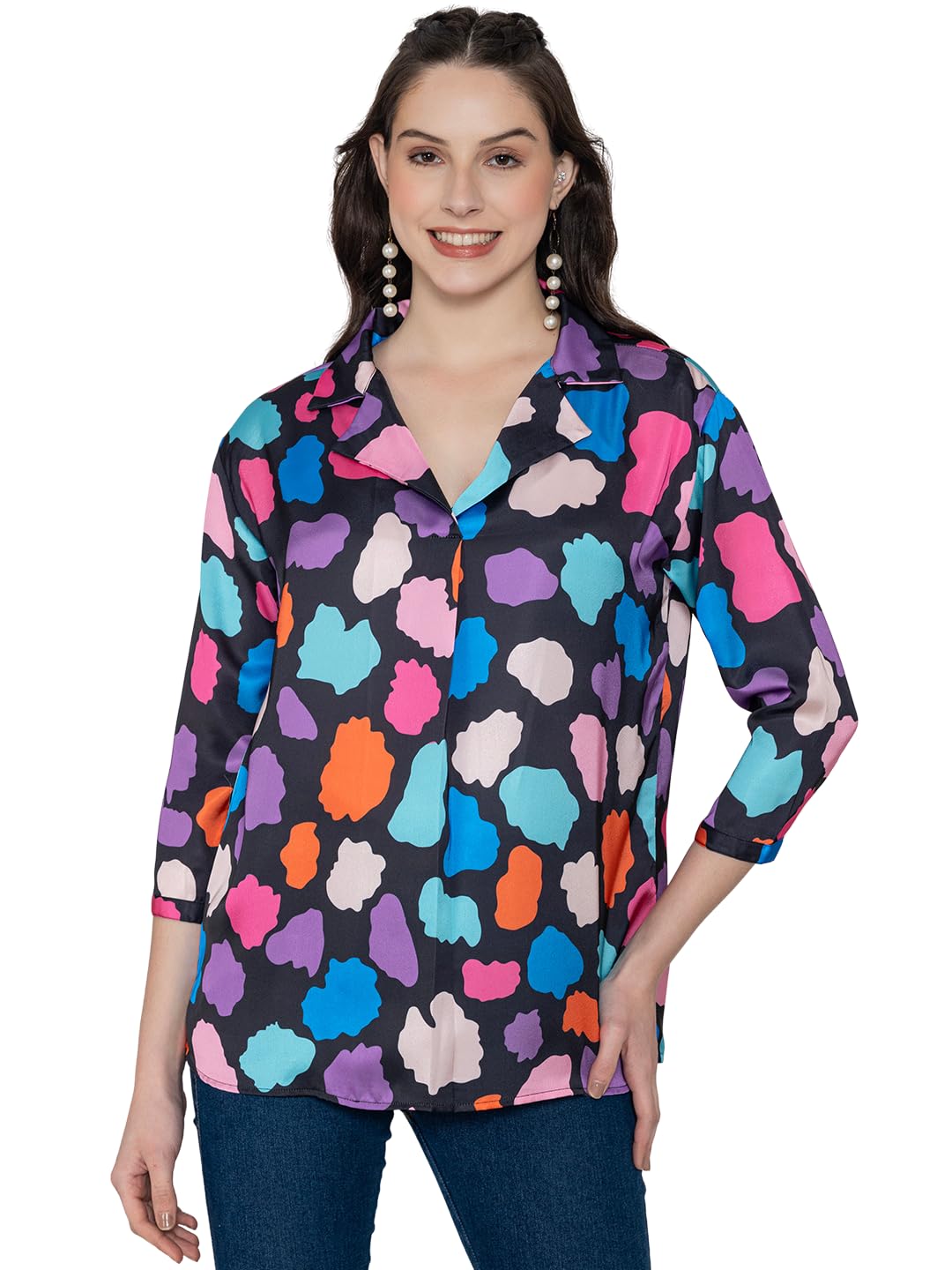 lounge dreams Multi Printed Solid Satin Collar Shirt Top-picture-13