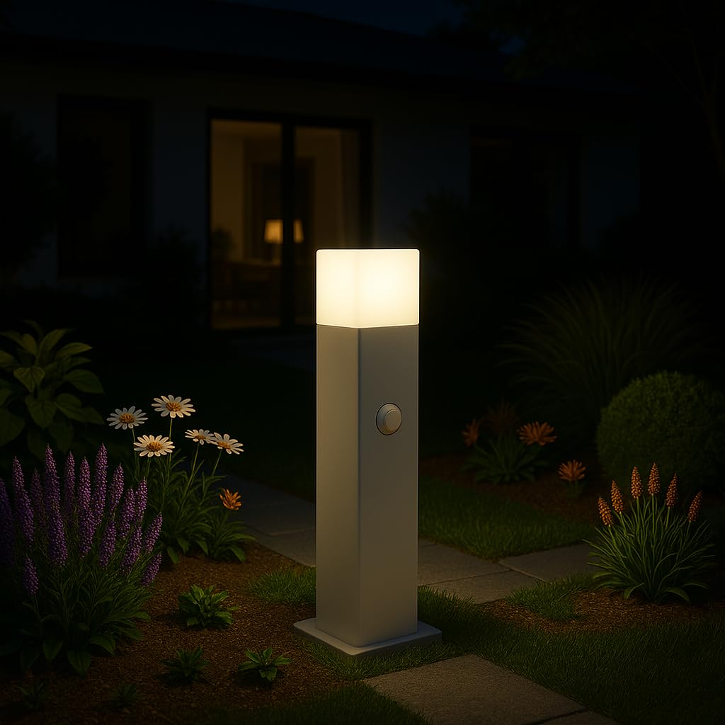 Paletto luminoso Bianco da giardino con sensore di movimento, attacco E27 12W 1160 lm, Luce Naturale 4000K, IP44, alluminio e diffusore acrilico, lampione per esterni (Bianco - Luce Naturale 4000K)